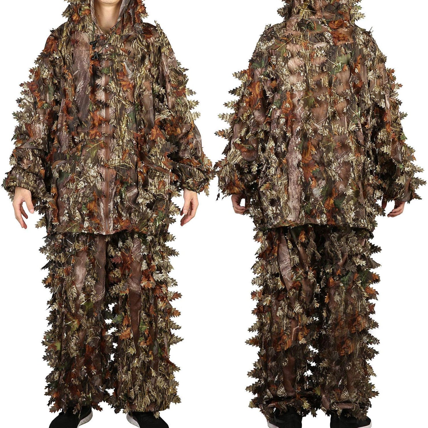 EAmber Ghillie Suit Gilly hunting pants with 3D leaf camo, designed for heights 5.9 to 6.3 feet, ideal for stealthy outdoor concealment.