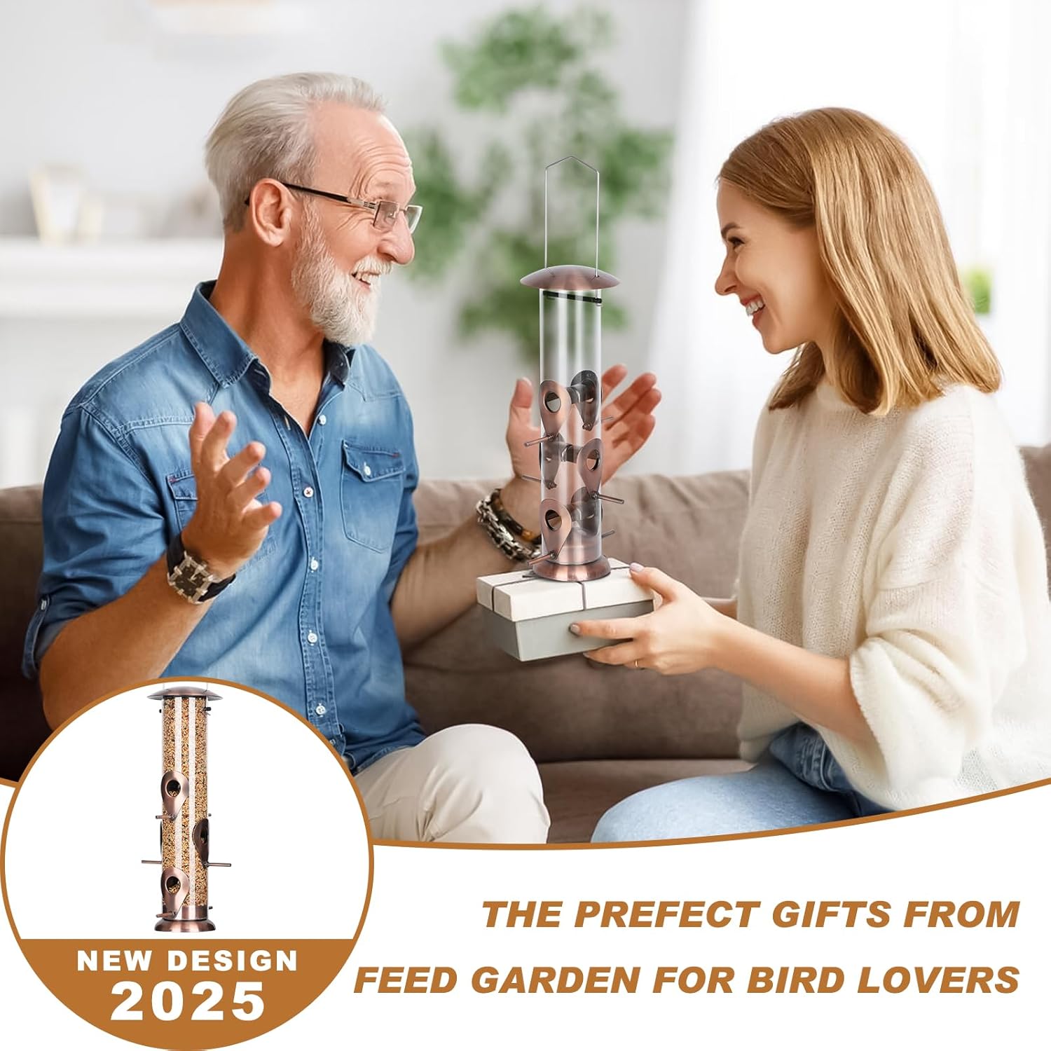 FEED GARDEN metal bird feeder with six ports, heavy-duty design, ideal for outdoor bird feeding and squirrel resistance.