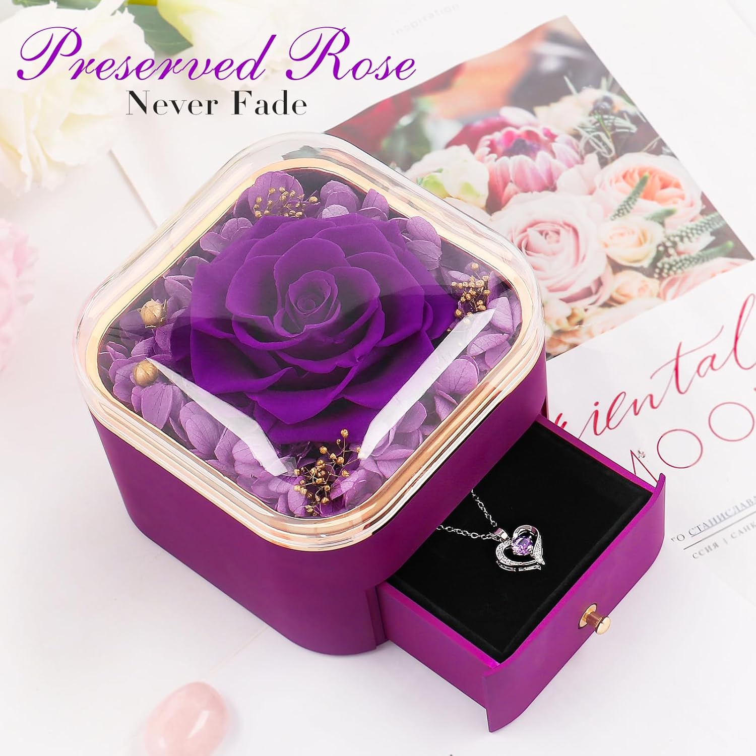 Beferr Gifts for Mom Preserved Real Rose with Necklace Eternal Roses Fresh Flowers for Delivery Prime Birthday Anniversary Purple Gifts for Women Mothers Grandma Wife Daughter Girlfriend Sister