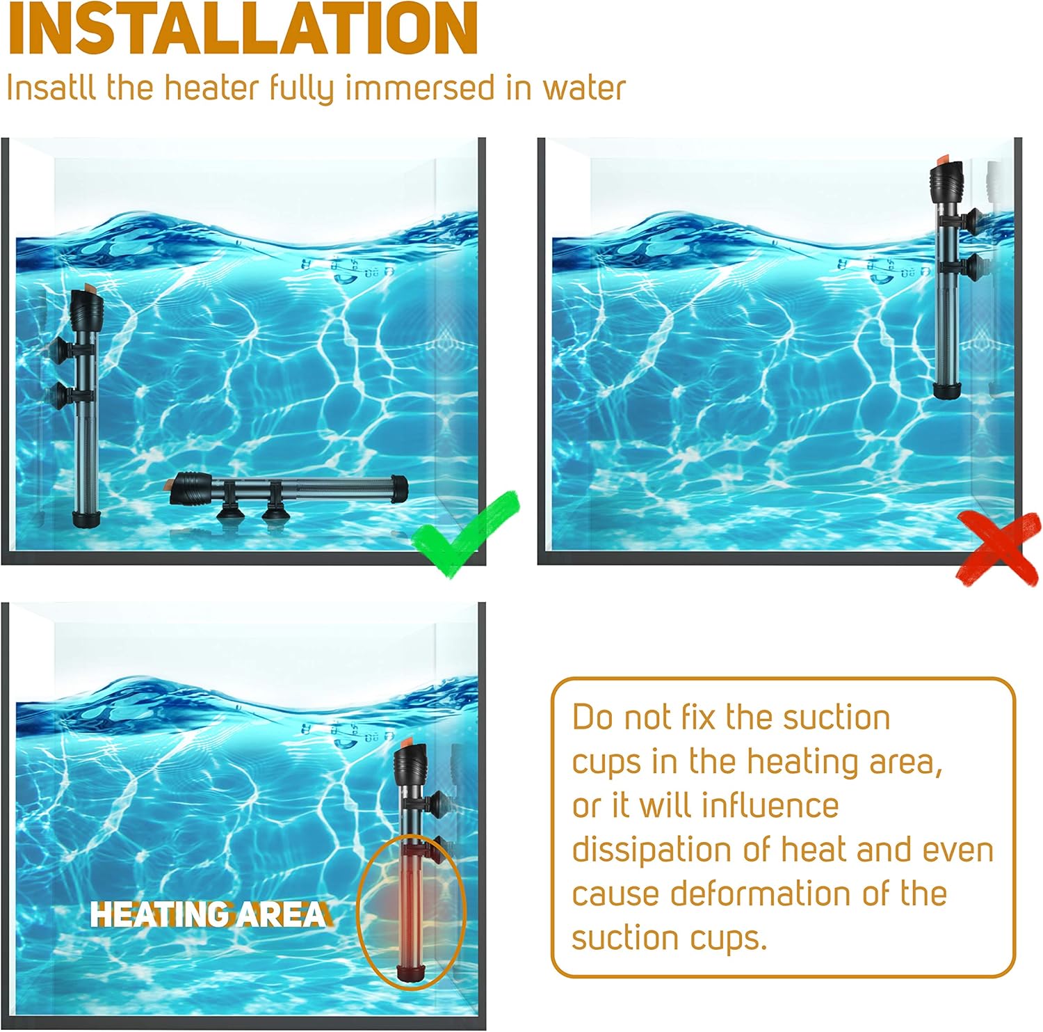 Orlushy 100W submersible aquarium heater for fish tanks, adjustable temperature control, sleek design for fish tank heating.