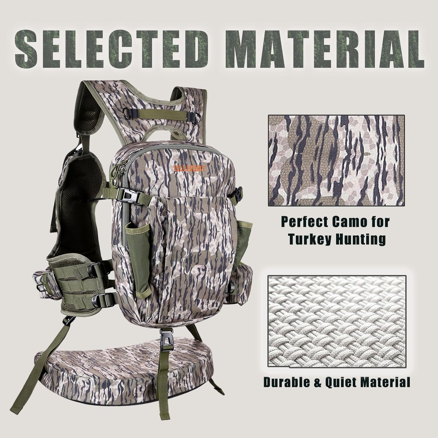 UIIHUNT lightweight turkey hunting vest with built-in seat and game pouch for hands-free hunting.