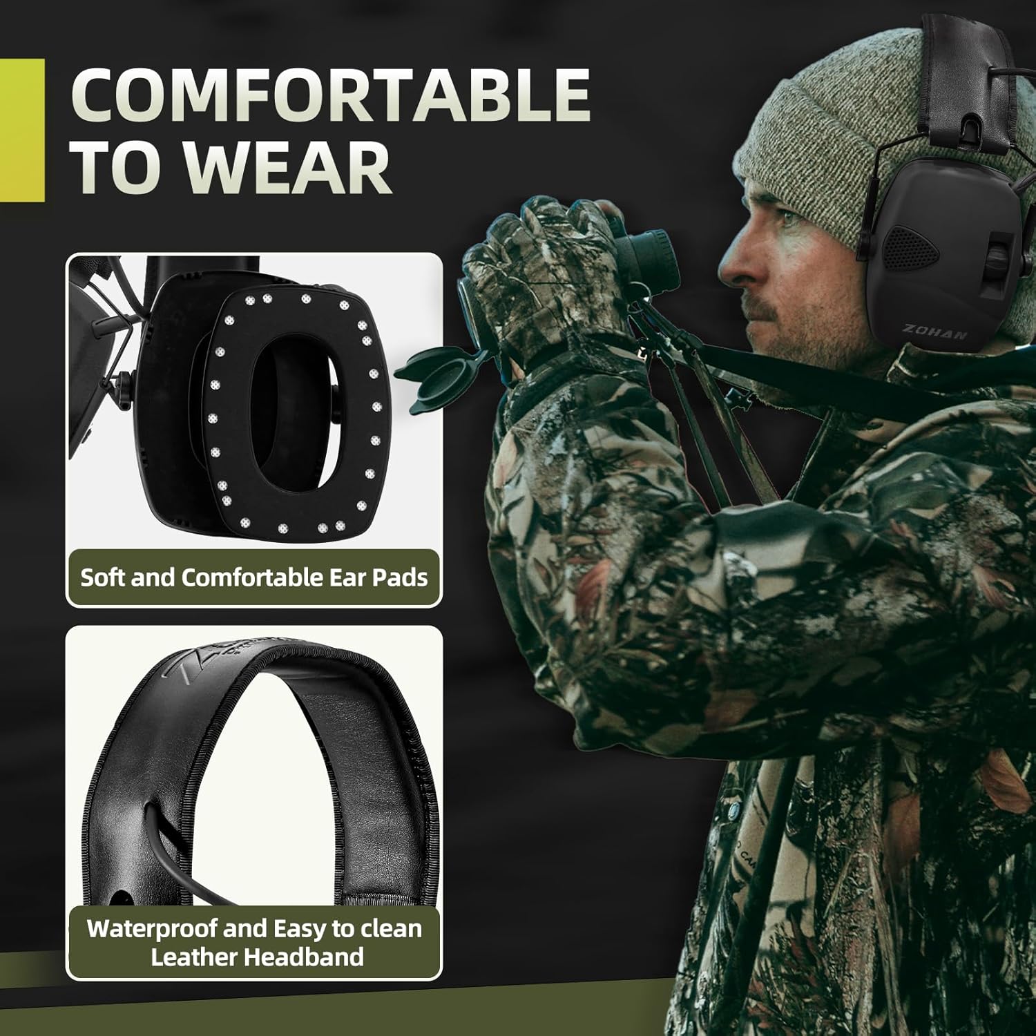 ZOHAN EM054 electronic shooting ear protection with sound amplification, black headset with adjustable ear cups and control panel