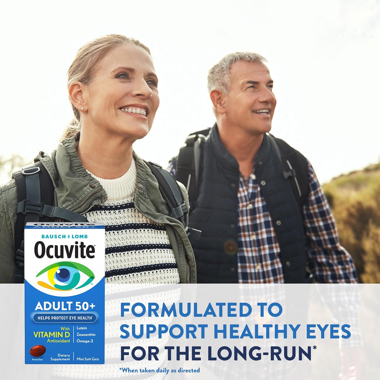 Ocuvite 50+ eye vitamin and mineral supplement bottle with colorful label, multivitamin for eye health, on a white background.