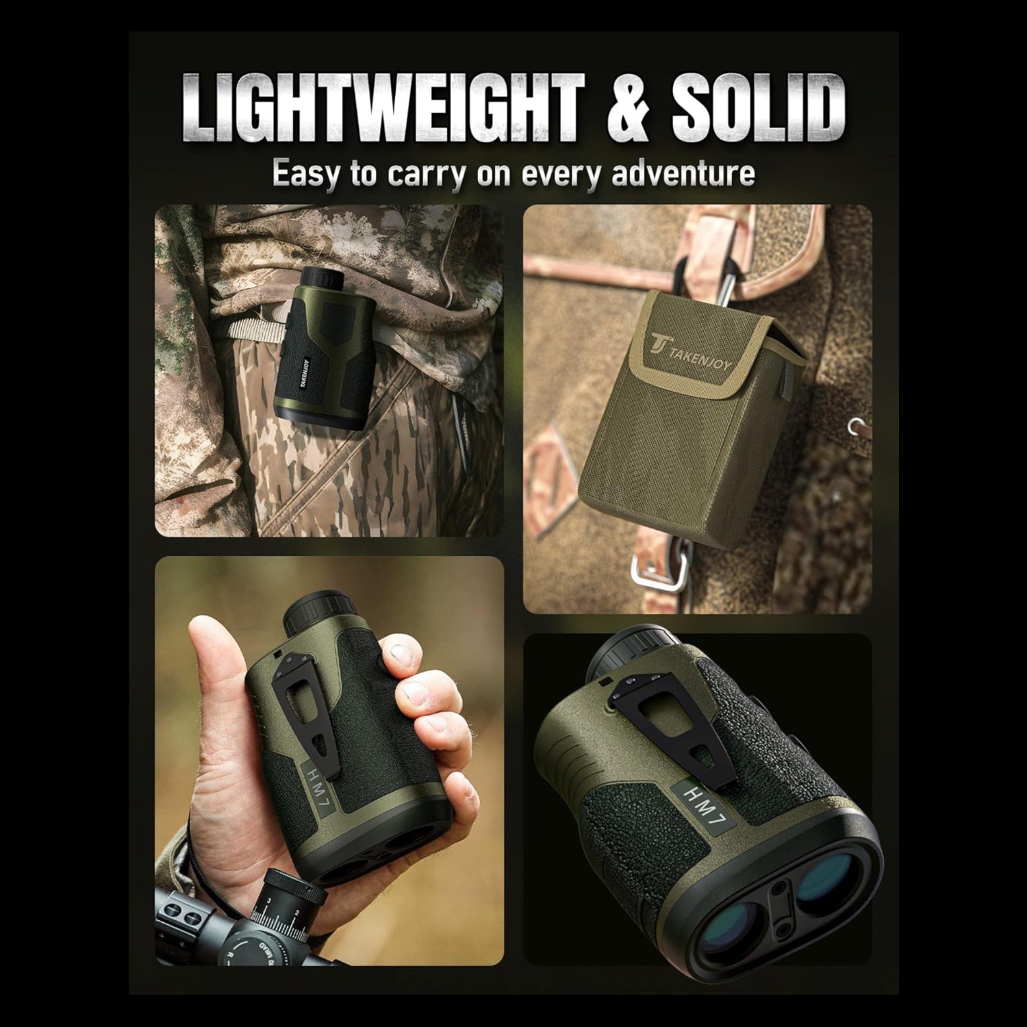 TAKENJOY hunting rangefinder with 1200-yard laser distance measurement, 7x magnification, waterproof design, suitable for outdoor hunting.