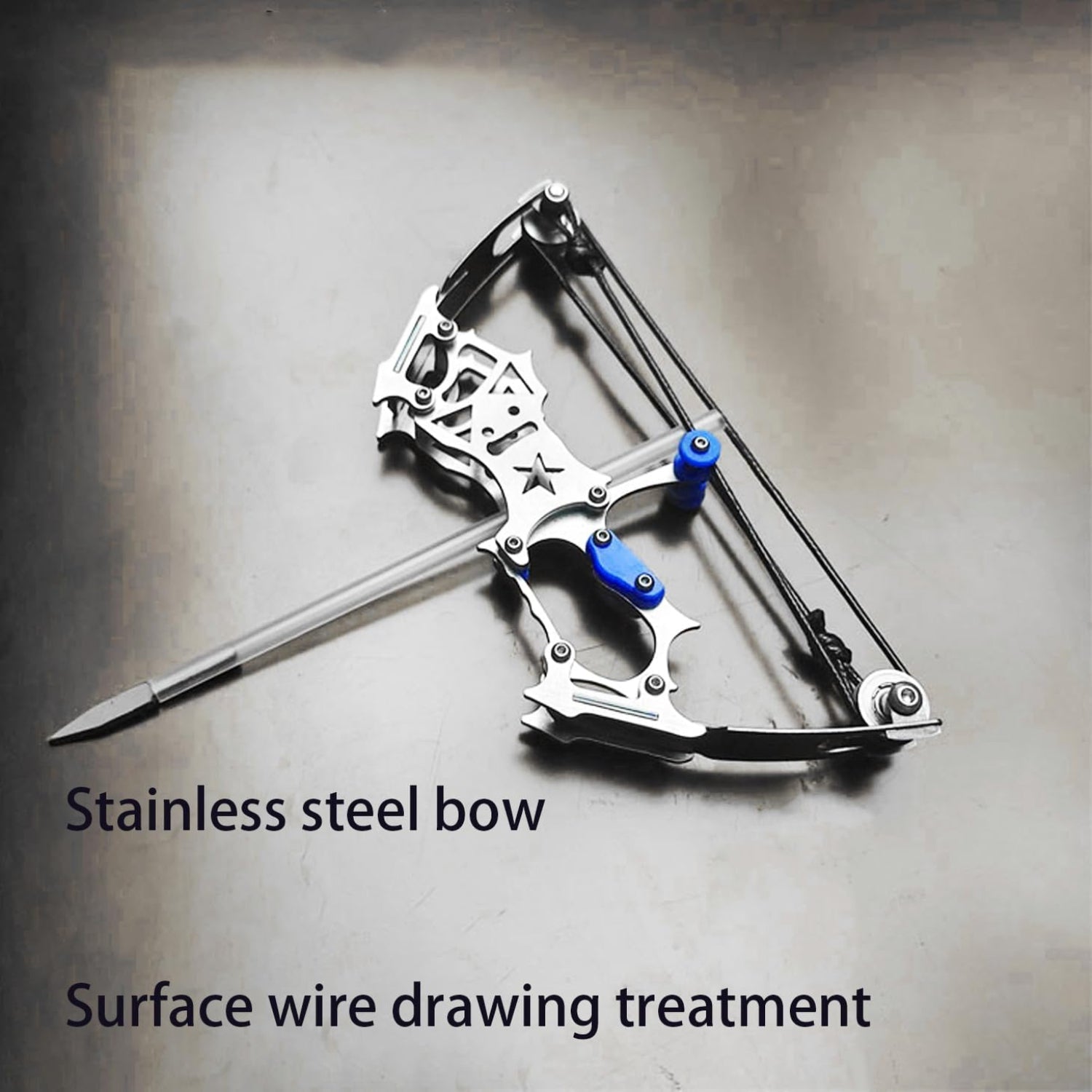 Stainless steel bow with surface wire drawing treatment on a gray background
