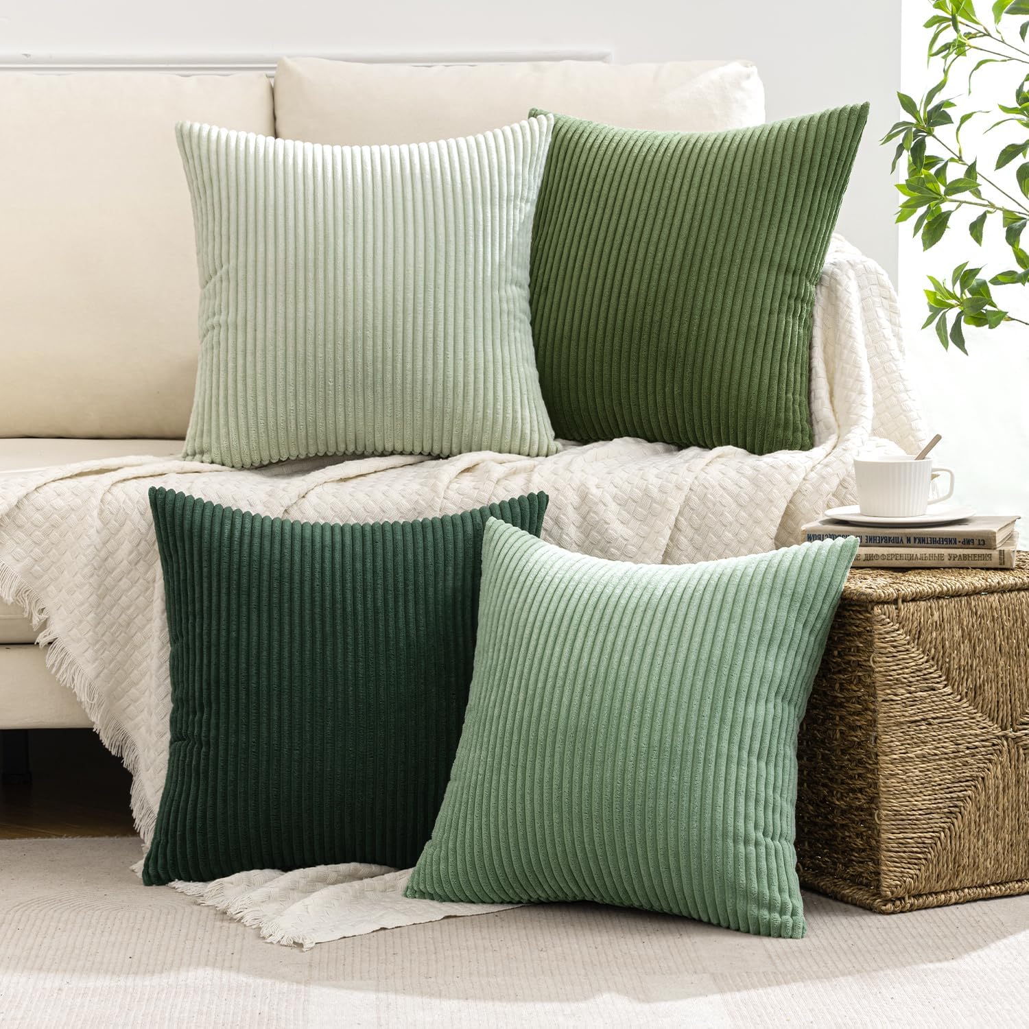 Set of four MIULEE boho farmhouse sage green throw pillow covers, 18x18 inches, with modern design and textured fabric.