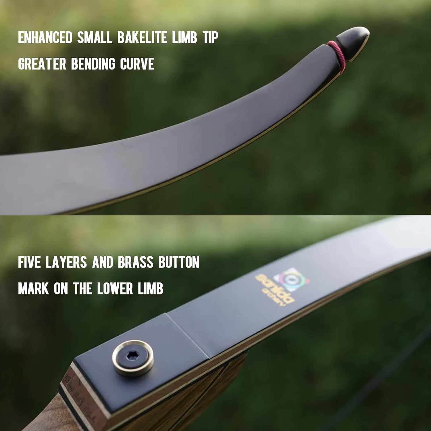 Sanlida Eagle X9 58-inch recurve bow with matching arrow set, showcasing the bow's sleek design and array of arrows in a natural setting.