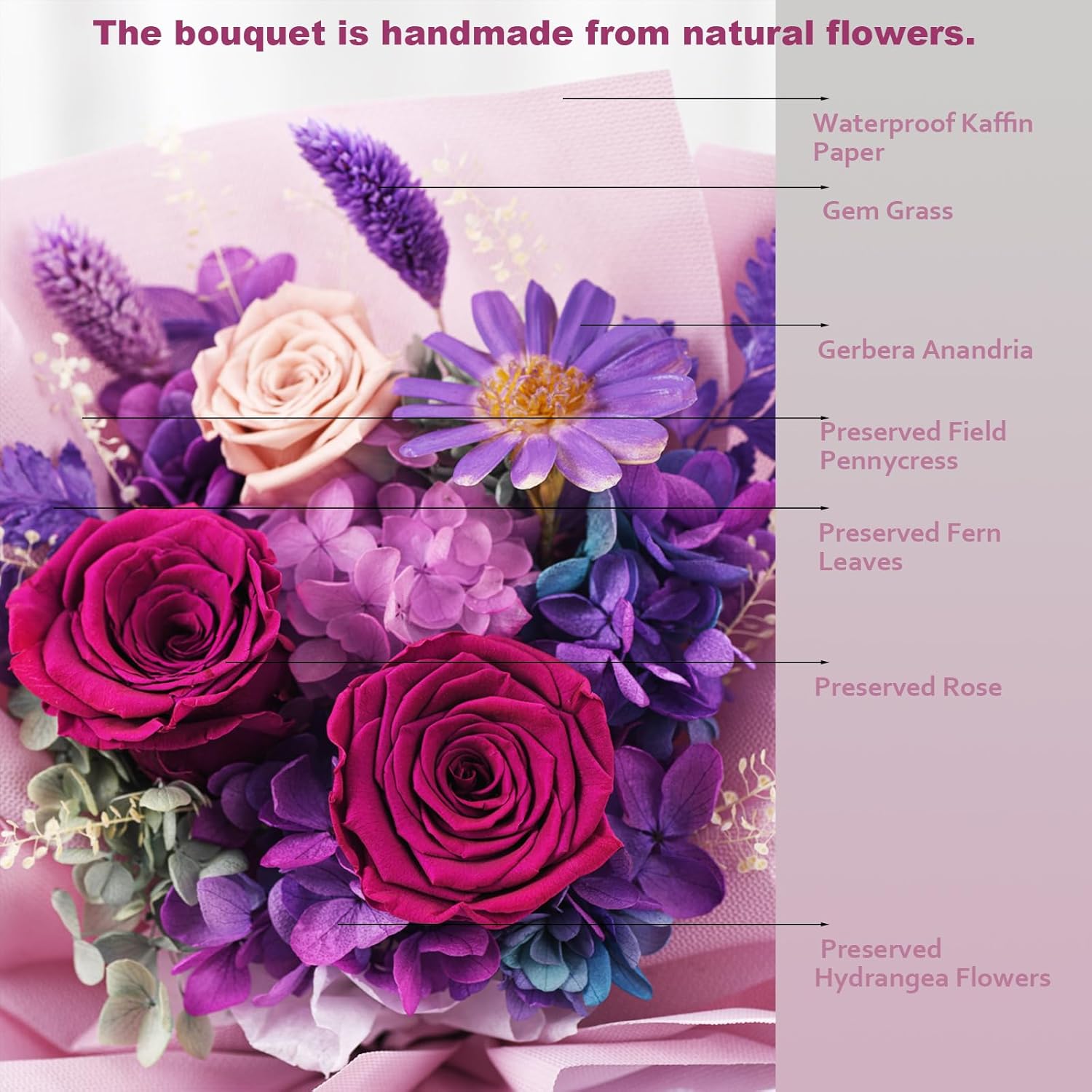 Lovenfold preserved purple rose bouquet with mixed flowers, ideal for flower delivery and special occasions.