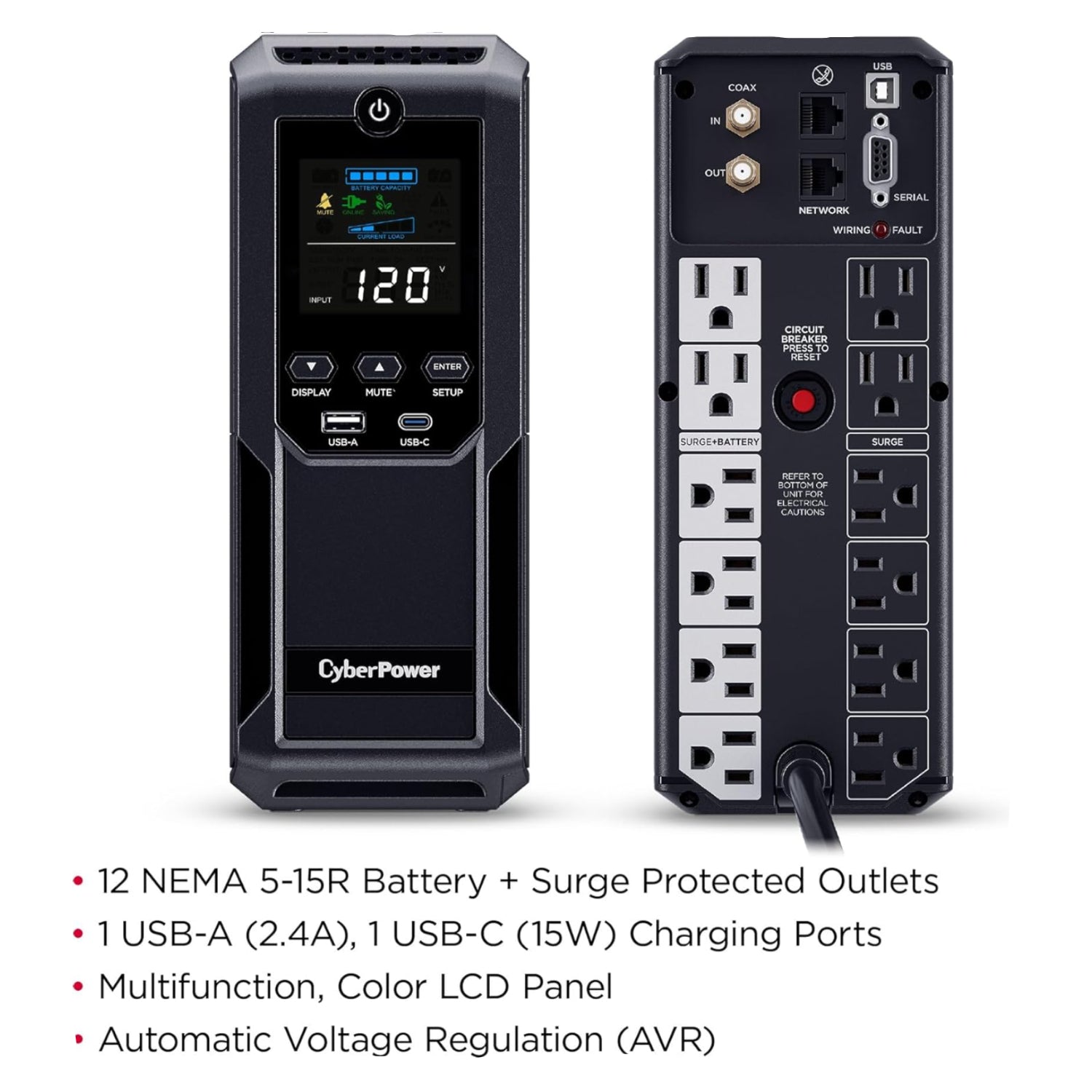 CyberPower CP1500AVRLCD3 Intelligent LCD UPS System, 1500VA/900W, 12 Outlets