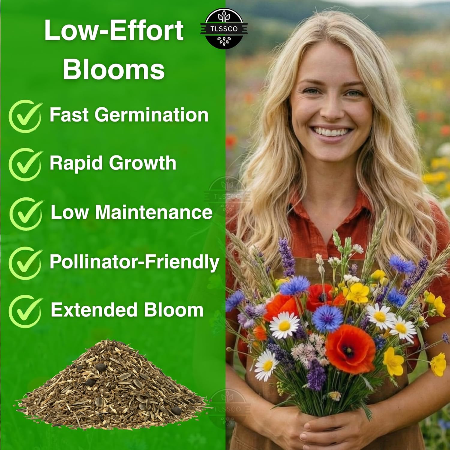 Woman holding a bouquet of flowers with text on low-effort blooms and a green background.