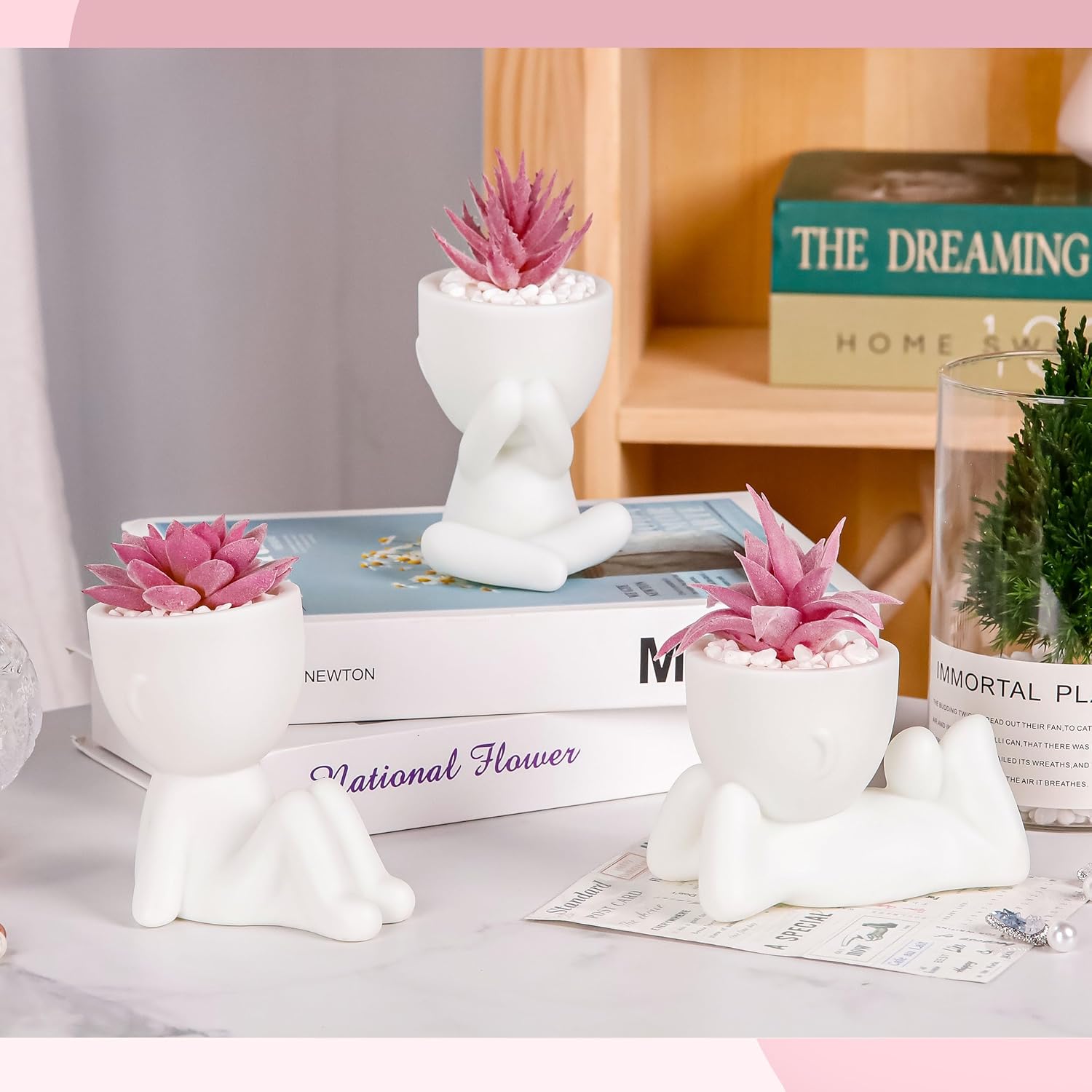 Set of three artificial pink succulents by Der Rose, perfect for room or office desk decor with realistic-looking plants.