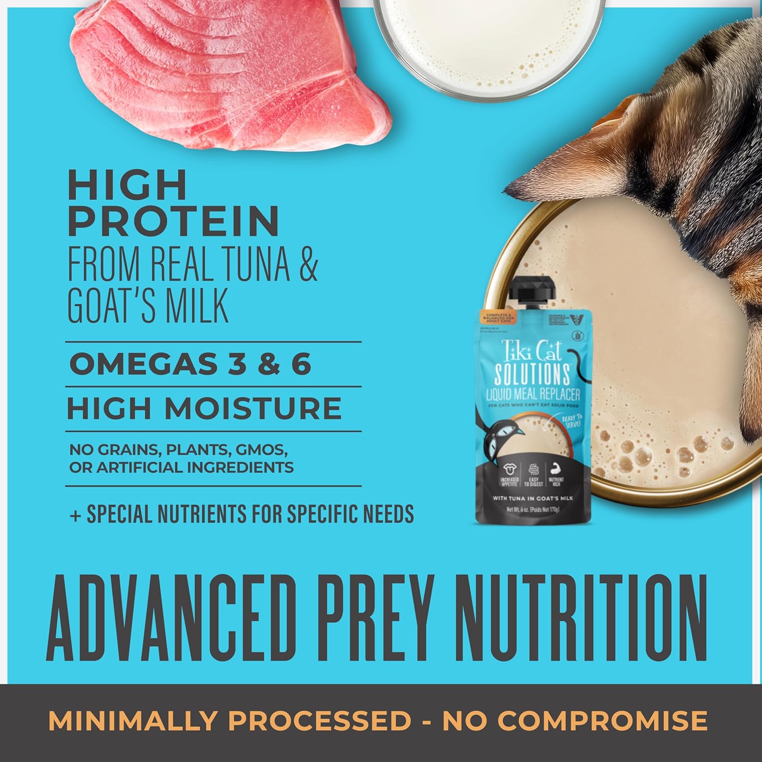 Tiki Cat Solutions Liquid Meal Replacer wet cat food with tuna in goat's milk, featuring a can of TIKI PETS Tiki Cat cat food.