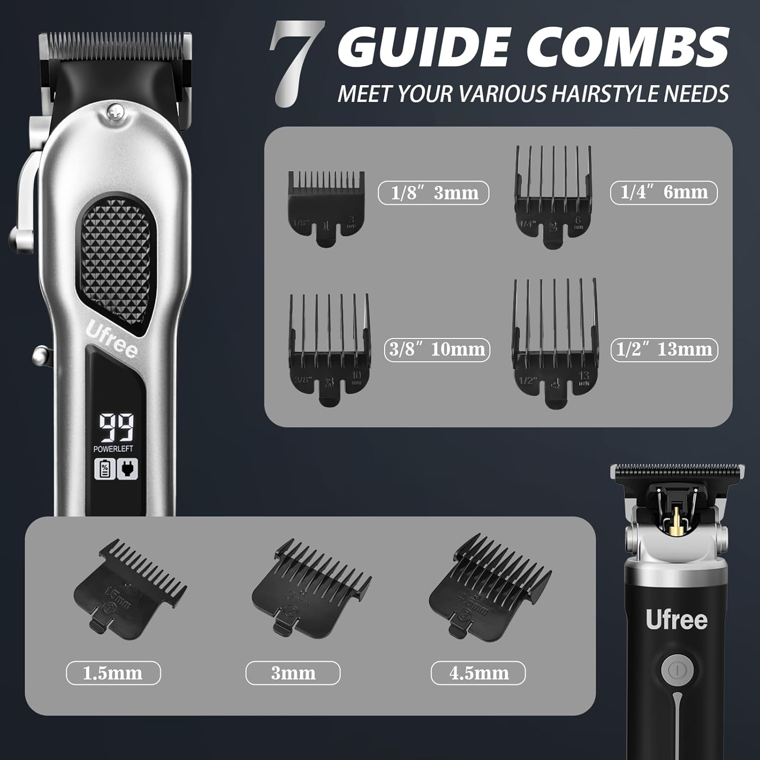 Ufree professional men's hair clippers and trimmers set showing sleek black device with adjustable blades and attachments