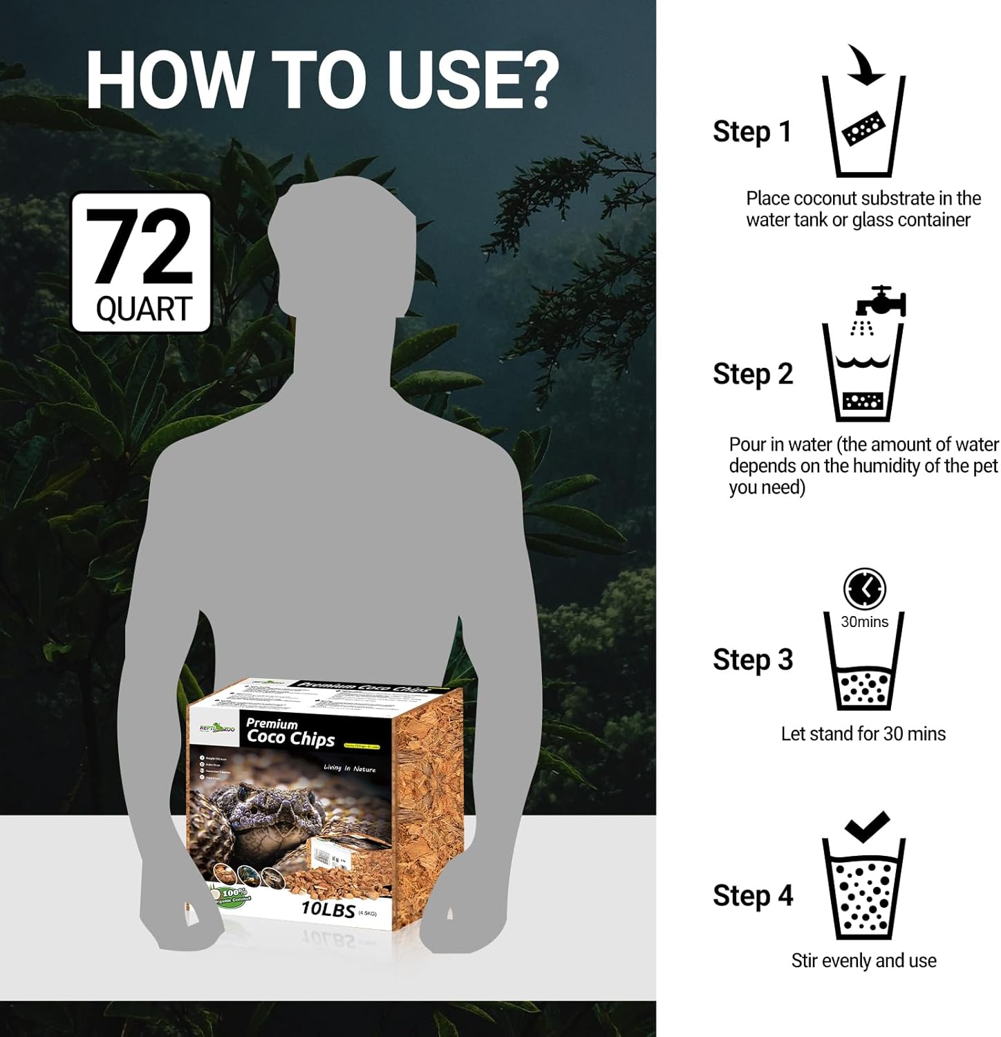 REPTI ZOO 72 Quart reptile coconut chip substrate with coco husk, suitable for reptile terrariums and habitat enrichment.