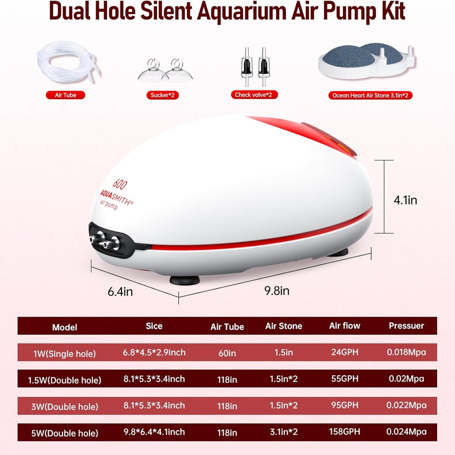 AQUASMITH 5W ultra quiet aquarium air pump with adjustable settings, compact aquarium aerator for healthy fish tank oxygenation.