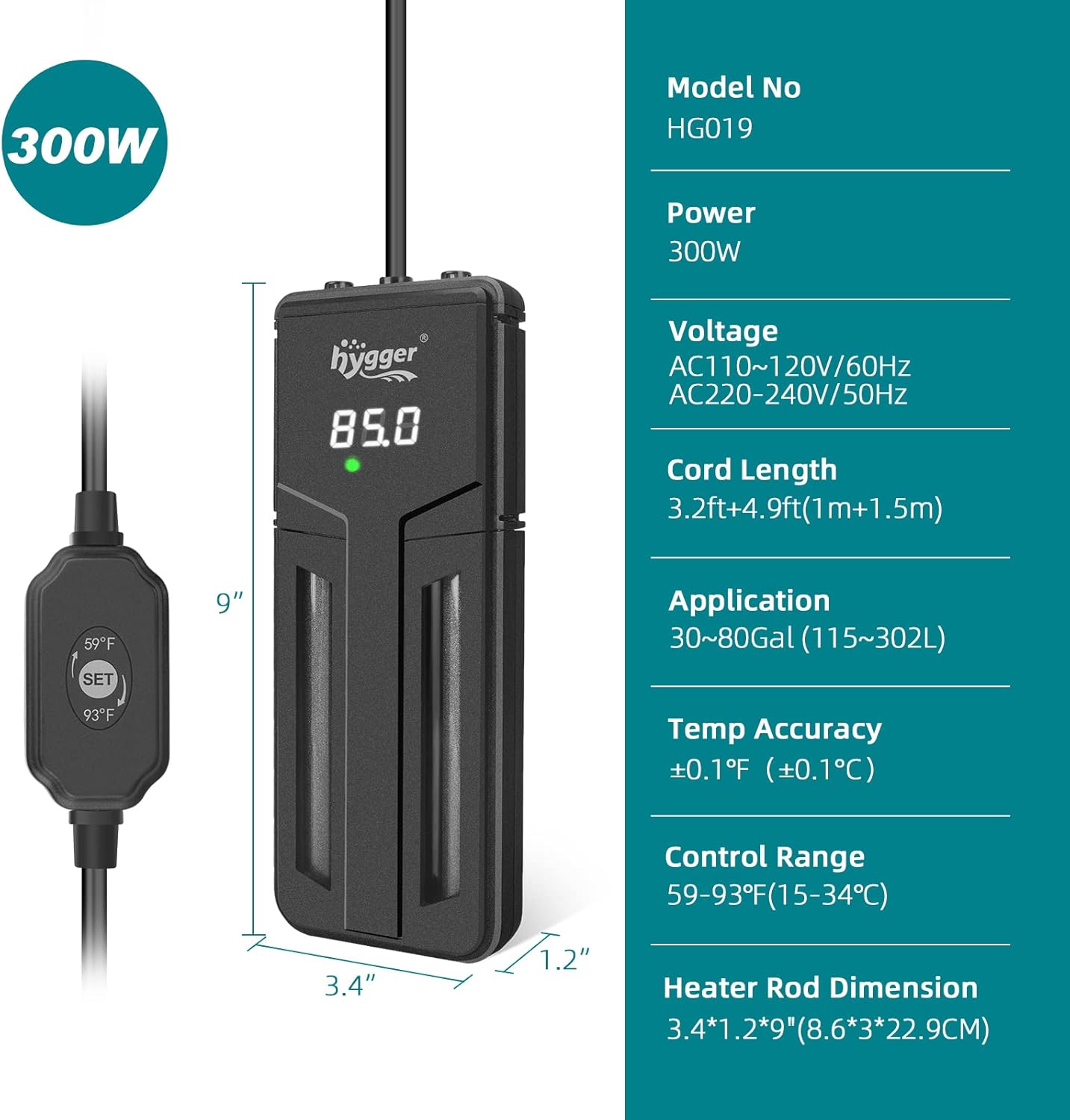 hygger aquarium heater with 75W, 150W, or 300W submersible design for fish tanks, showing the heater's control knob and cable