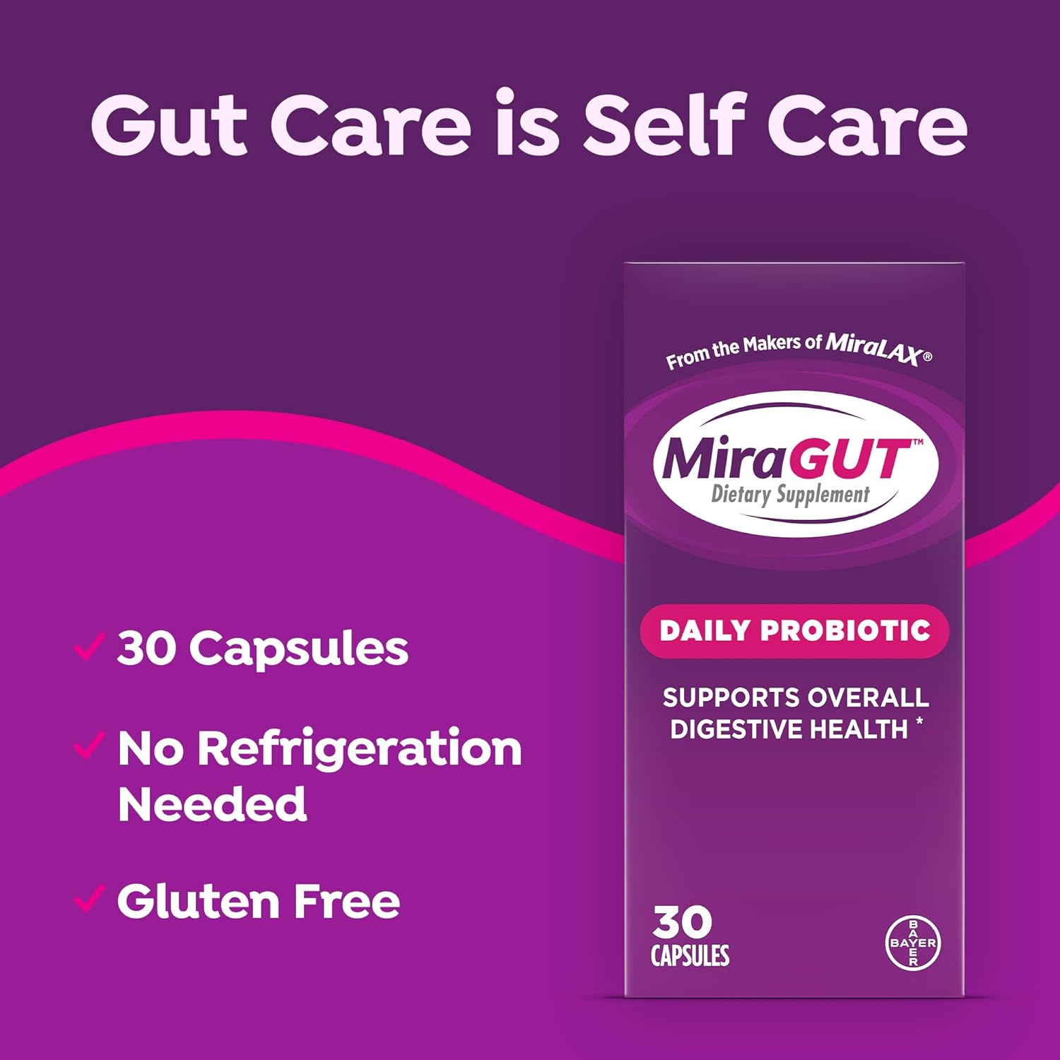 MiraLAX MiraGUT Daily Probiotic bottle with label showing probiotic capsules for digestive health support.