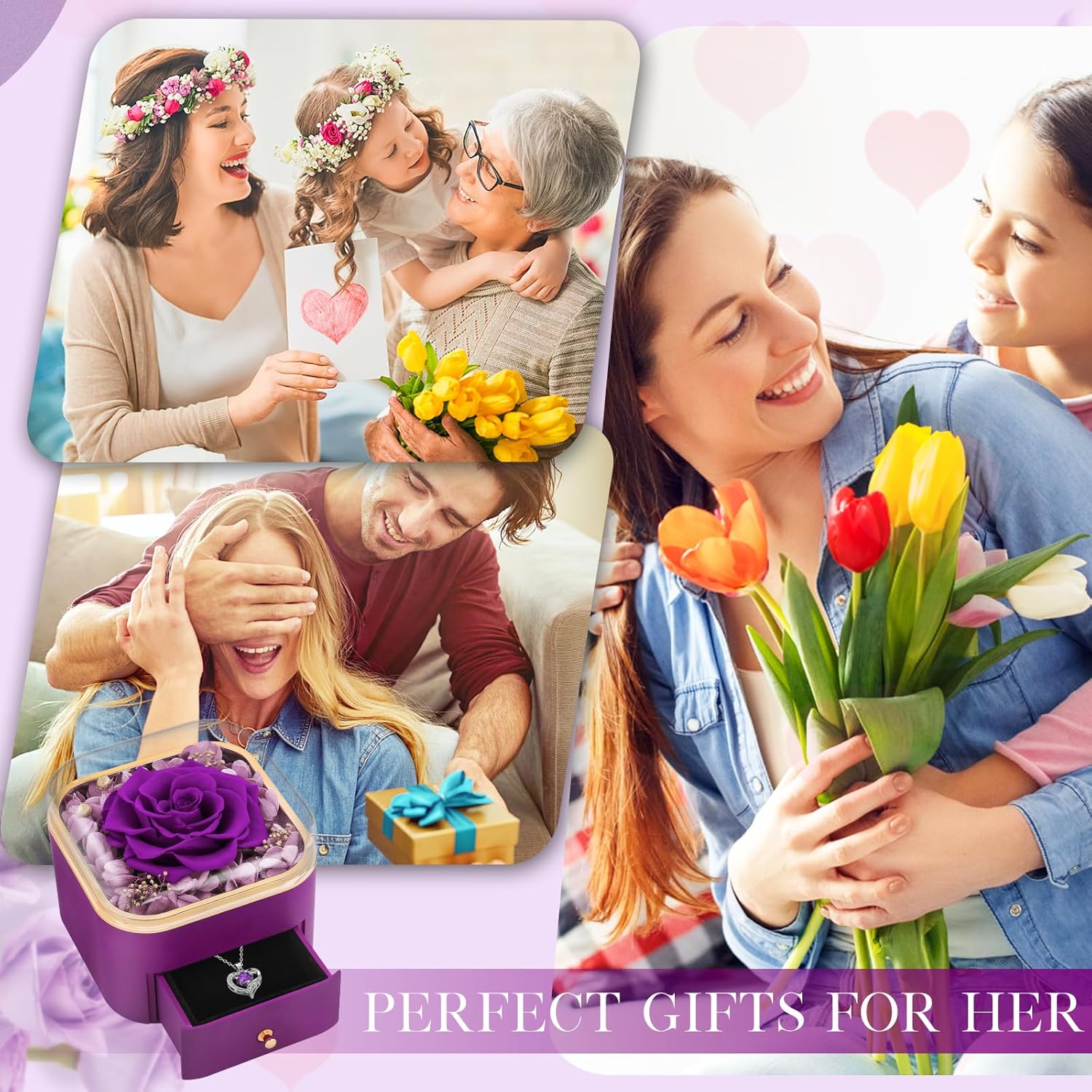Beferr Gifts for Mom Preserved Real Rose with Necklace Eternal Roses Fresh Flowers for Delivery Prime Birthday Anniversary Purple Gifts for Women Mothers Grandma Wife Daughter Girlfriend Sister