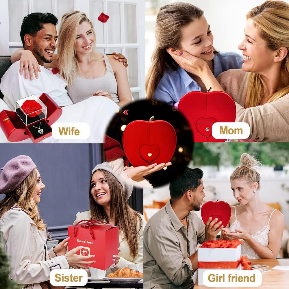 Preserved real rose with "I love you" necklace in 100 languages, romantic gift for girlfriend by Moshen, close-up of the flower and pendant