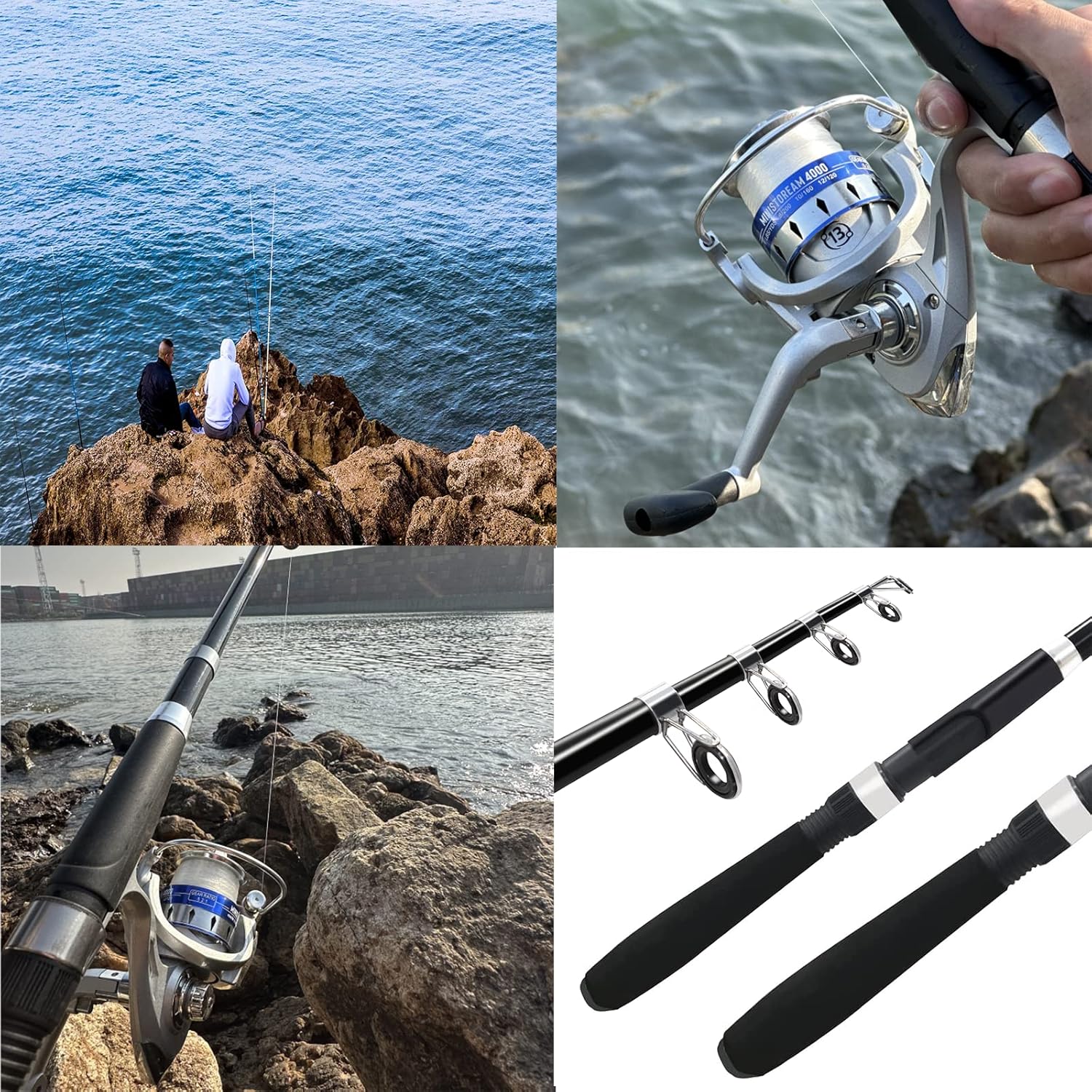 Ministoream fishing pole combo set with two 2.1m collapsible rods and spinning reels, ideal for freshwater fishing.