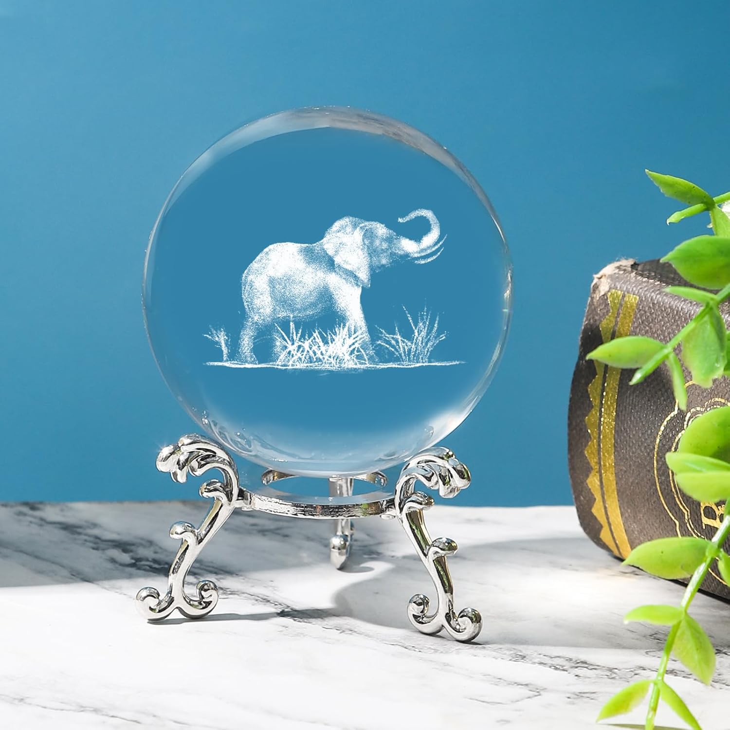 Lase engraved glass elephant crystal ball with stand, decorative paperweight featuring detailed 3D elephant design by PYJ3DLAMP