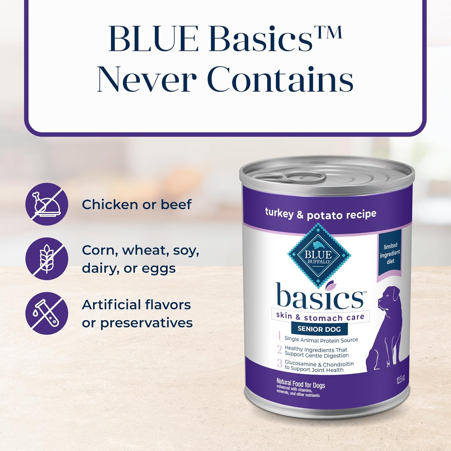 Blue Buffalo Basics grain-free senior wet dog food for skin and stomach care, featuring a bowl of moist dog food with ingredients.