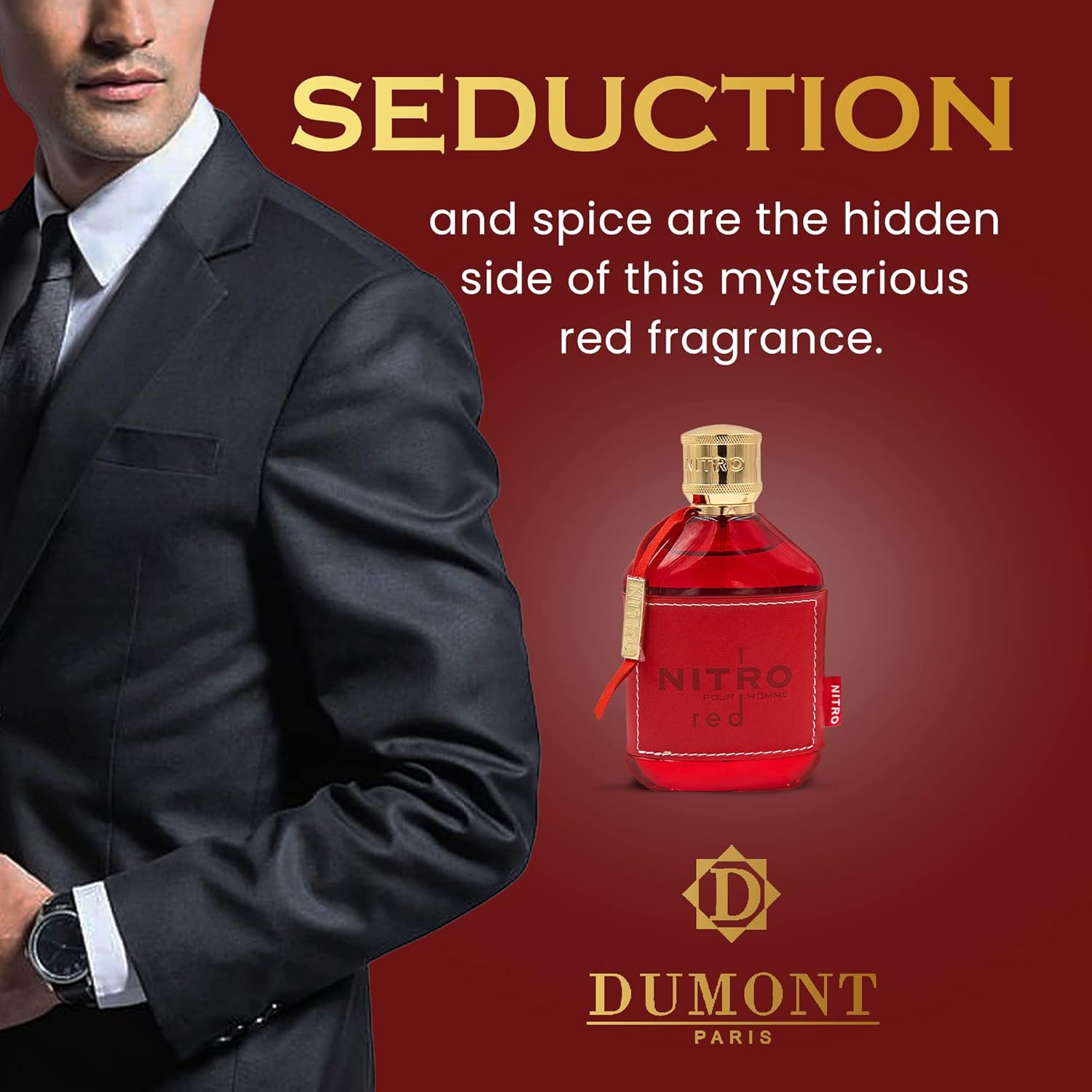 Dumont NITRO RED 3.4oz men's Eau De Parfum with fruity and woody notes, luxury perfume bottle displayed.
