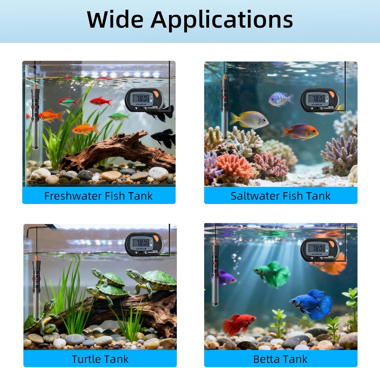 HiTauing adjustable aquarium heater in 25W to 300W, showing the compact device with control dial and power cord for fish tank temperature.