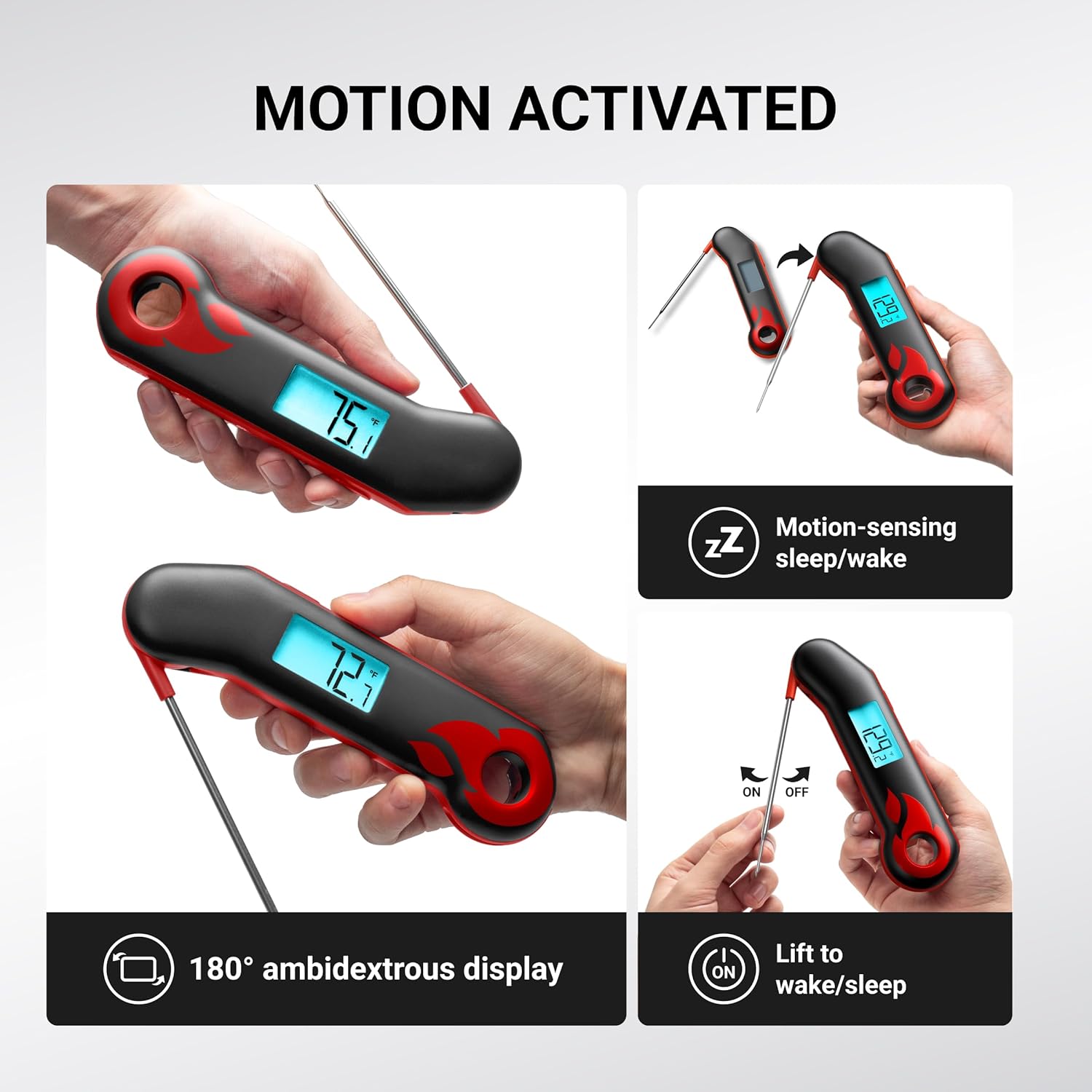 Digital thermometer with motion-activated feature shown in use.