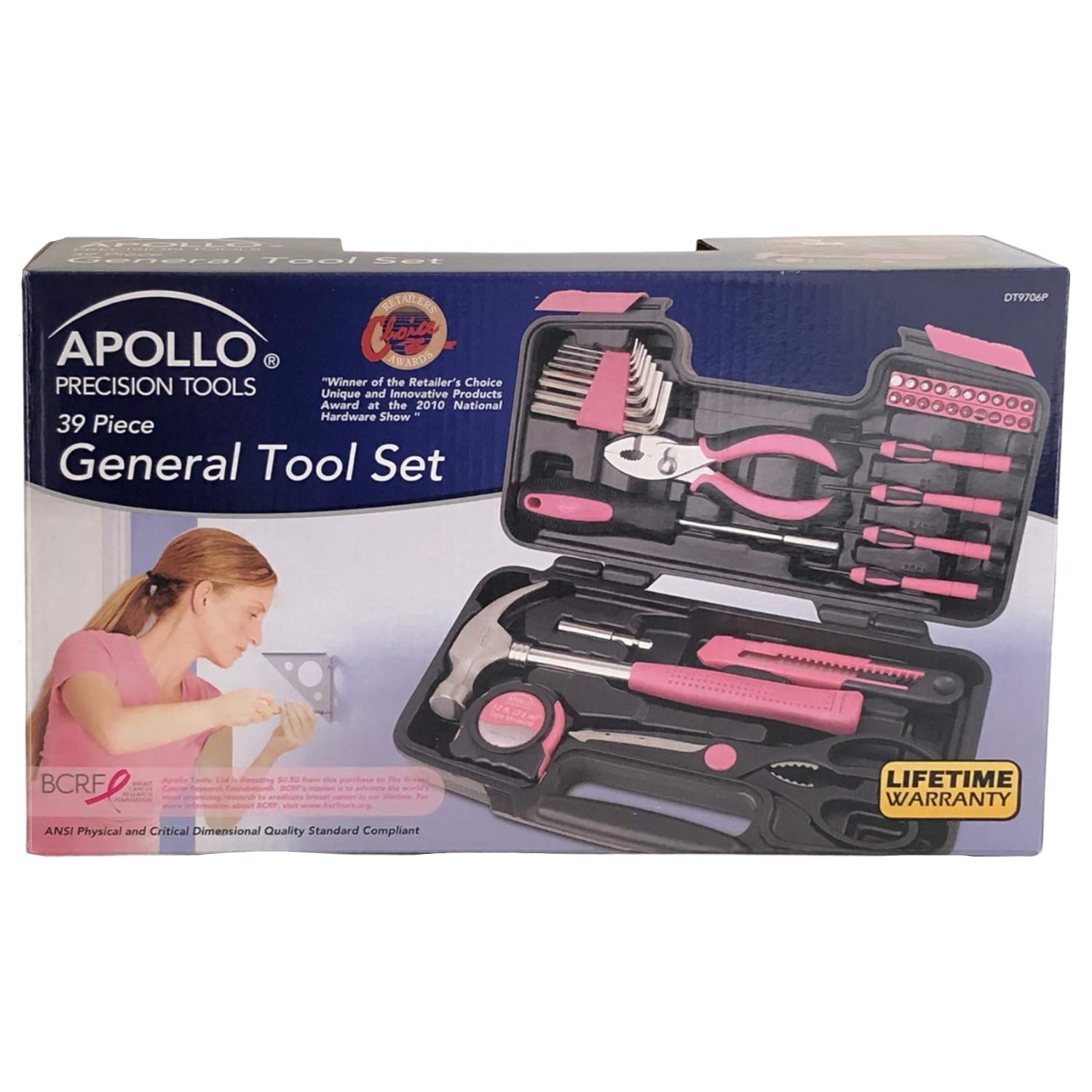Apollo Tools 39-piece general household tool set in a sturdy toolbox, including pliers, screwdrivers, and wrenches for home repairs.