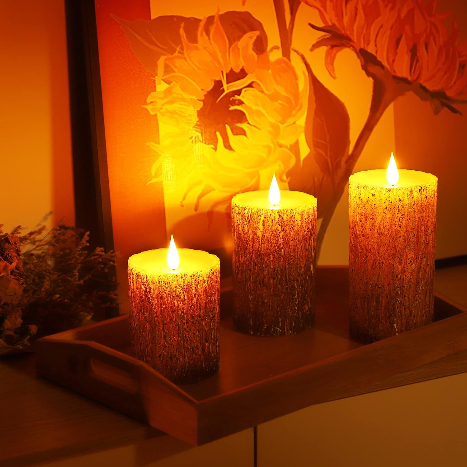 Battery-operated flameless pillar candle with pine effect, real wax look, flickering 3D wick, Enpornk electric LED candle.