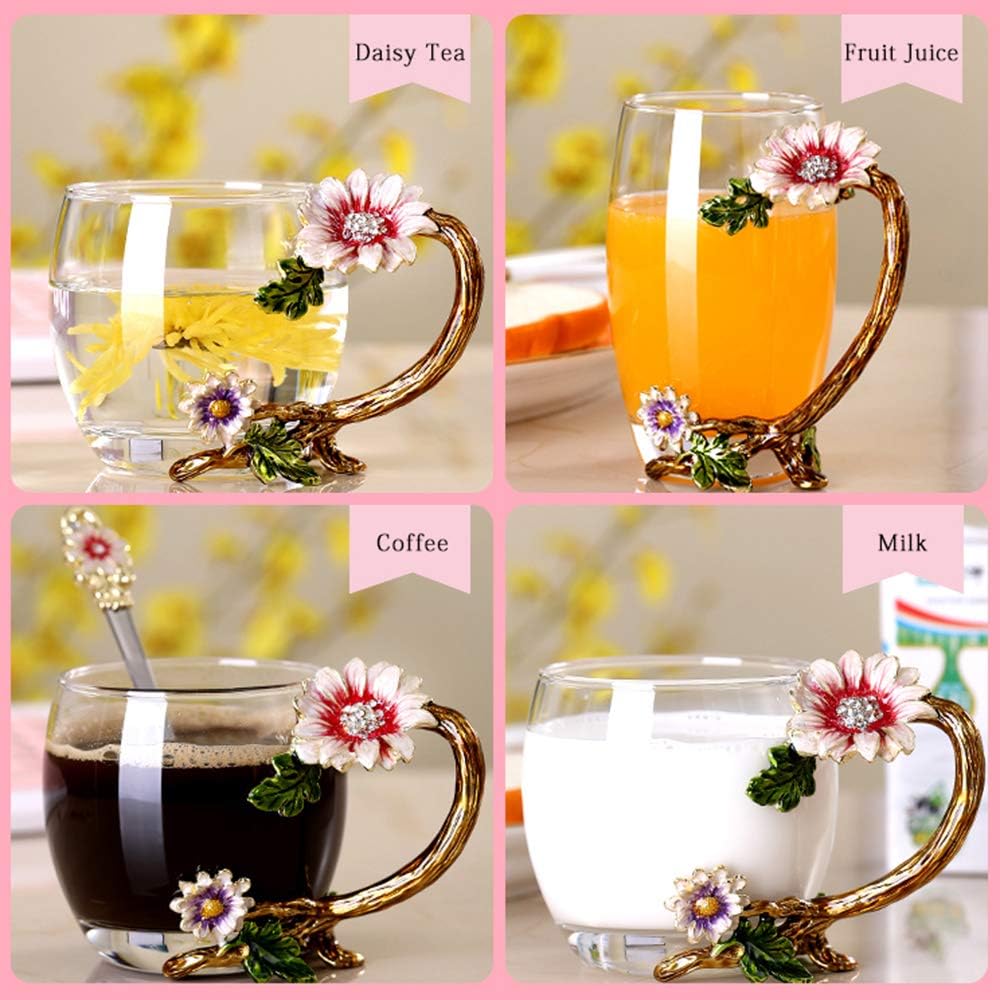 Enamel sunflower crystal lead-free glass tea cup with matching spoon set, featuring vibrant sunflower design and clear glass finish.