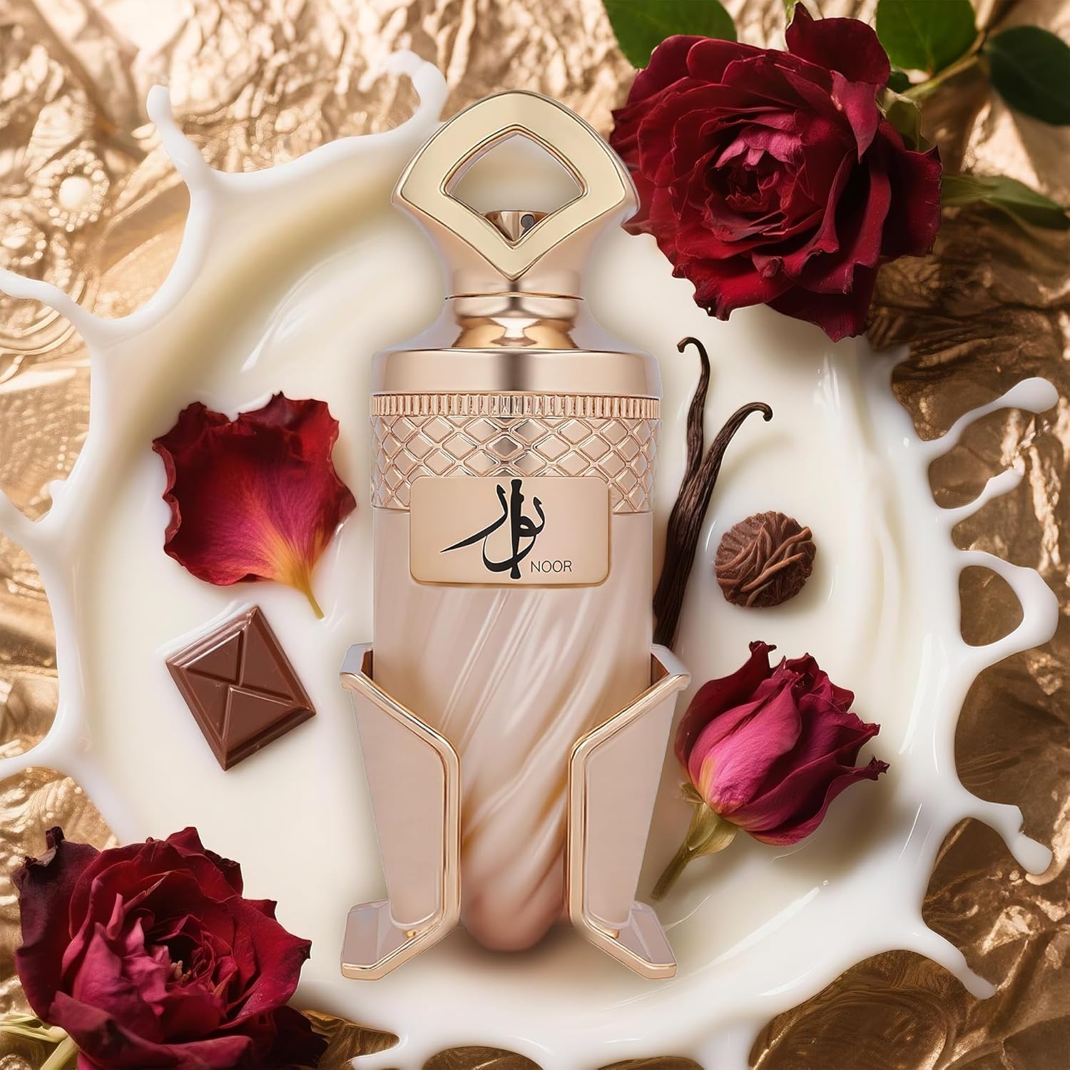 Noor by RIIFFS Women's Gourmand Perfume Eau de Parfum with caramel and vanilla notes, 3.4 oz, showcasing the elegant bottle.