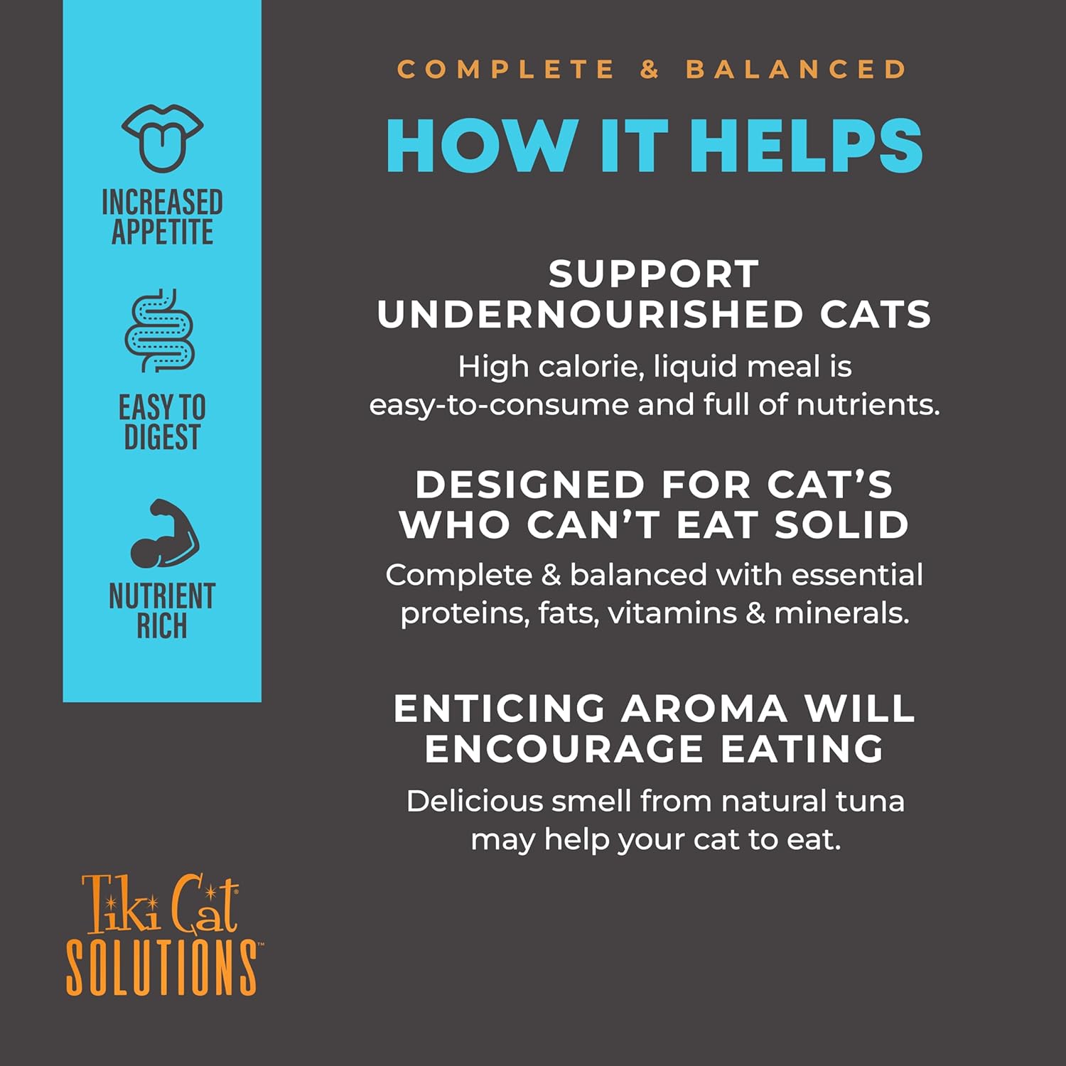 Tiki Cat Solutions Liquid Meal Replacer wet cat food with tuna in goat's milk, showing the canned container and tuna chunks inside