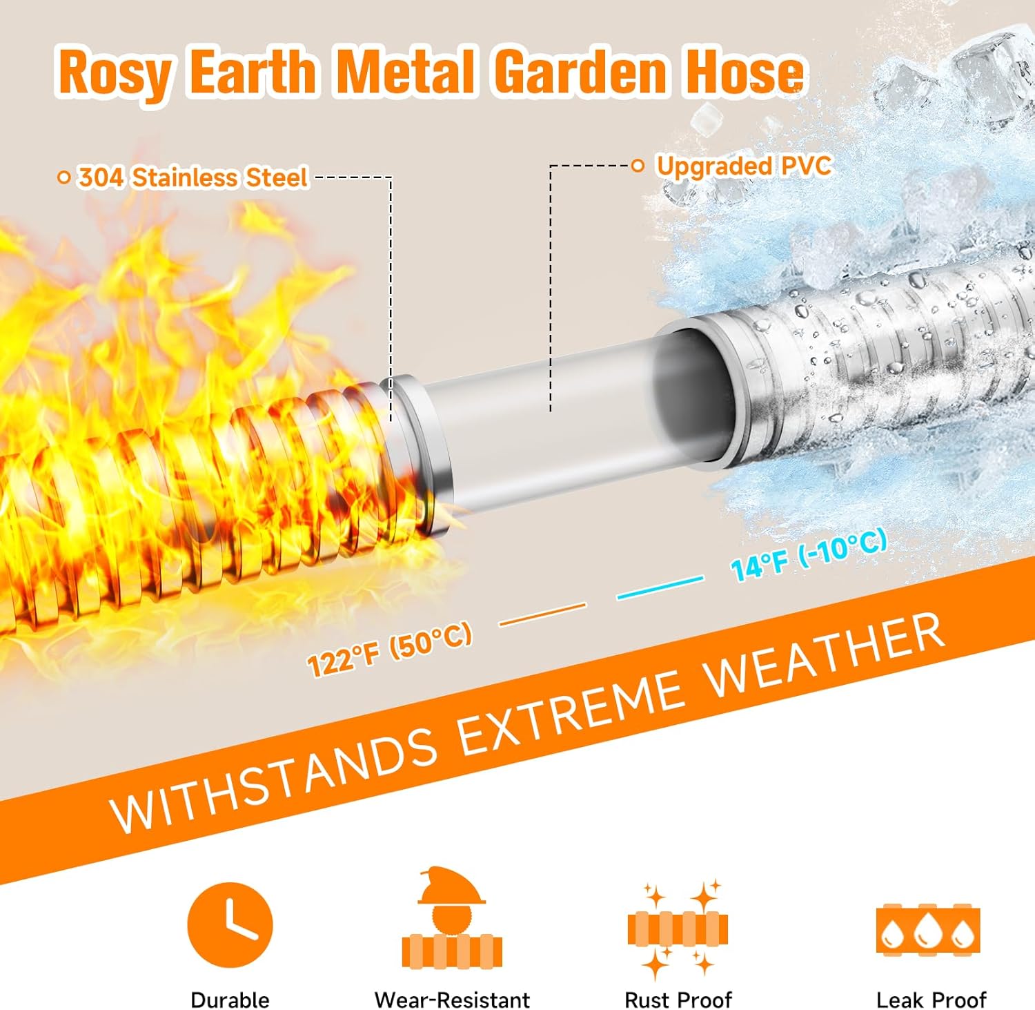 Rosy Earth 100 FT expandable garden hose with stainless steel fittings, flexible, kink-free, heavy-duty water hose for outdoor gardening.