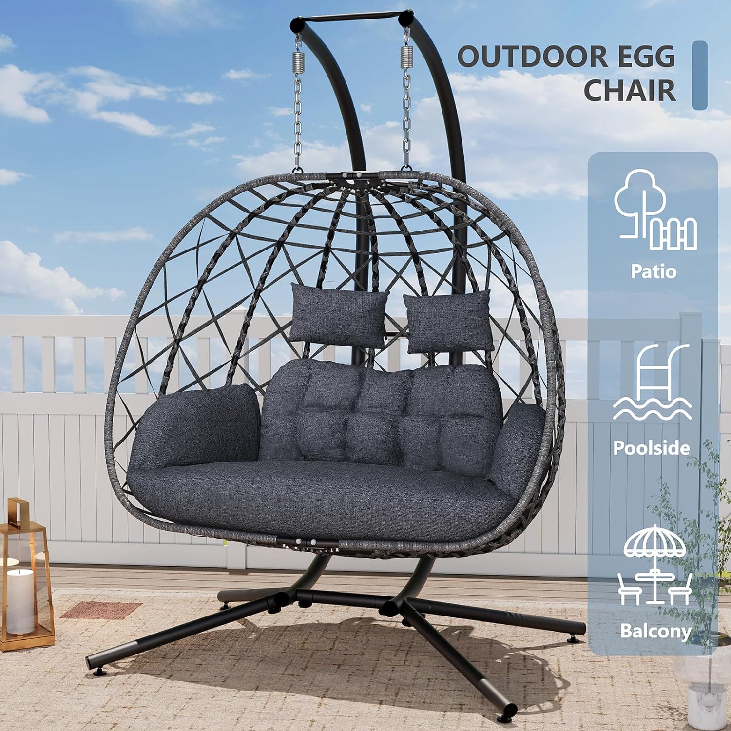 SWITTE double egg swing chair with stand, designed for outdoor or indoor use, featuring comfortable seating for two people.