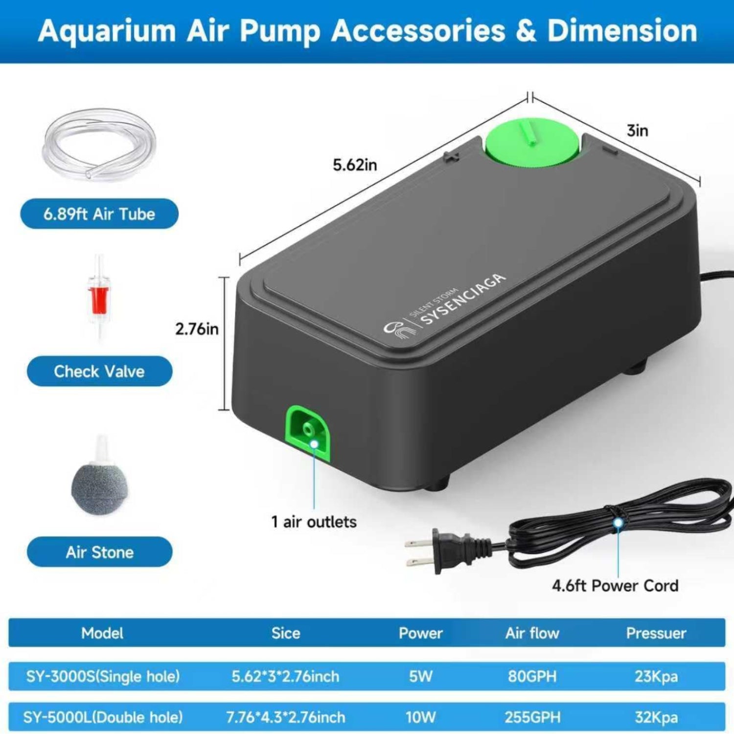 SYSENCIAGA aquarium air pump with dual outlets, ultra-silent powerful aerator for fish tanks, compact and reliable.