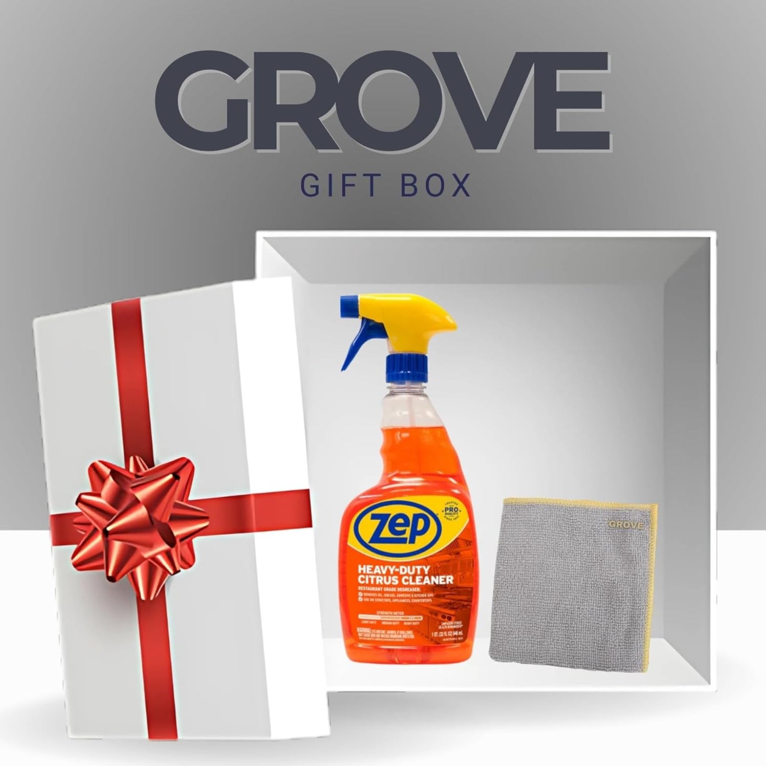 Grove gift box with Zep heavy-duty citrus cleaner and a gray cloth on a white background.