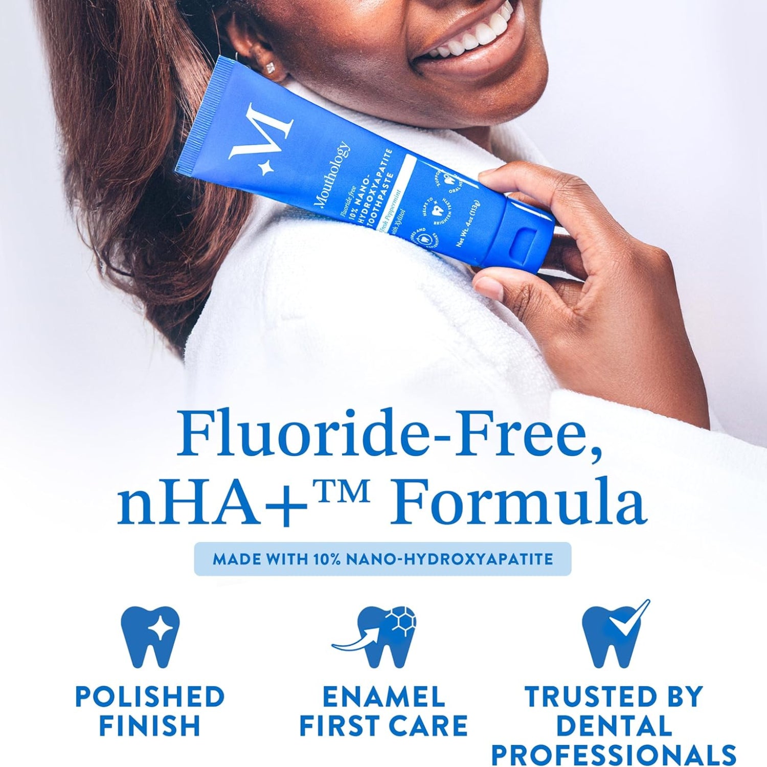 Mouthology 10% Nano Hydroxyapatite fluoride-free toothpaste tube with white and blue packaging.