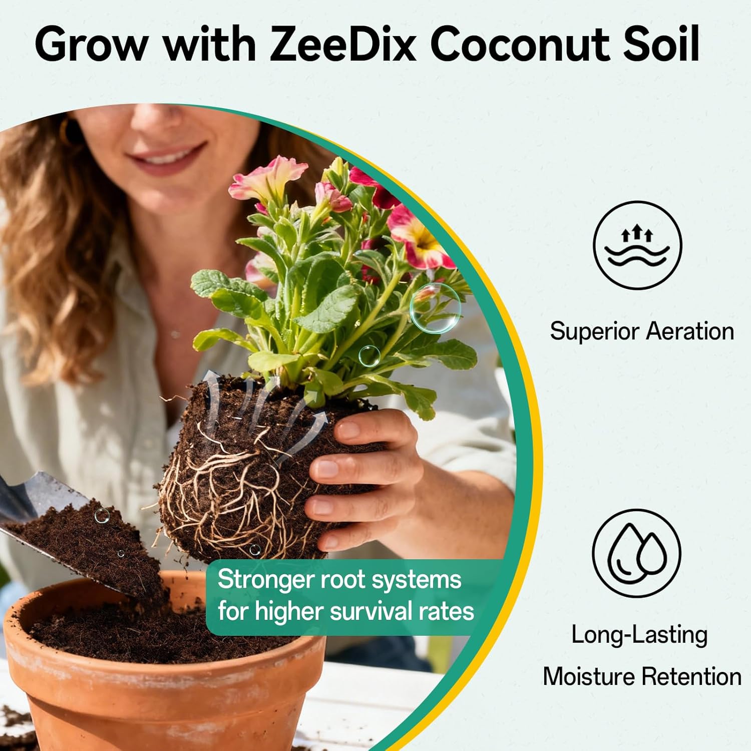 ZeeDix 200-piece coco coir pellet set for potting soil, ideal for indoor plants, showing compact brown coir pellets.