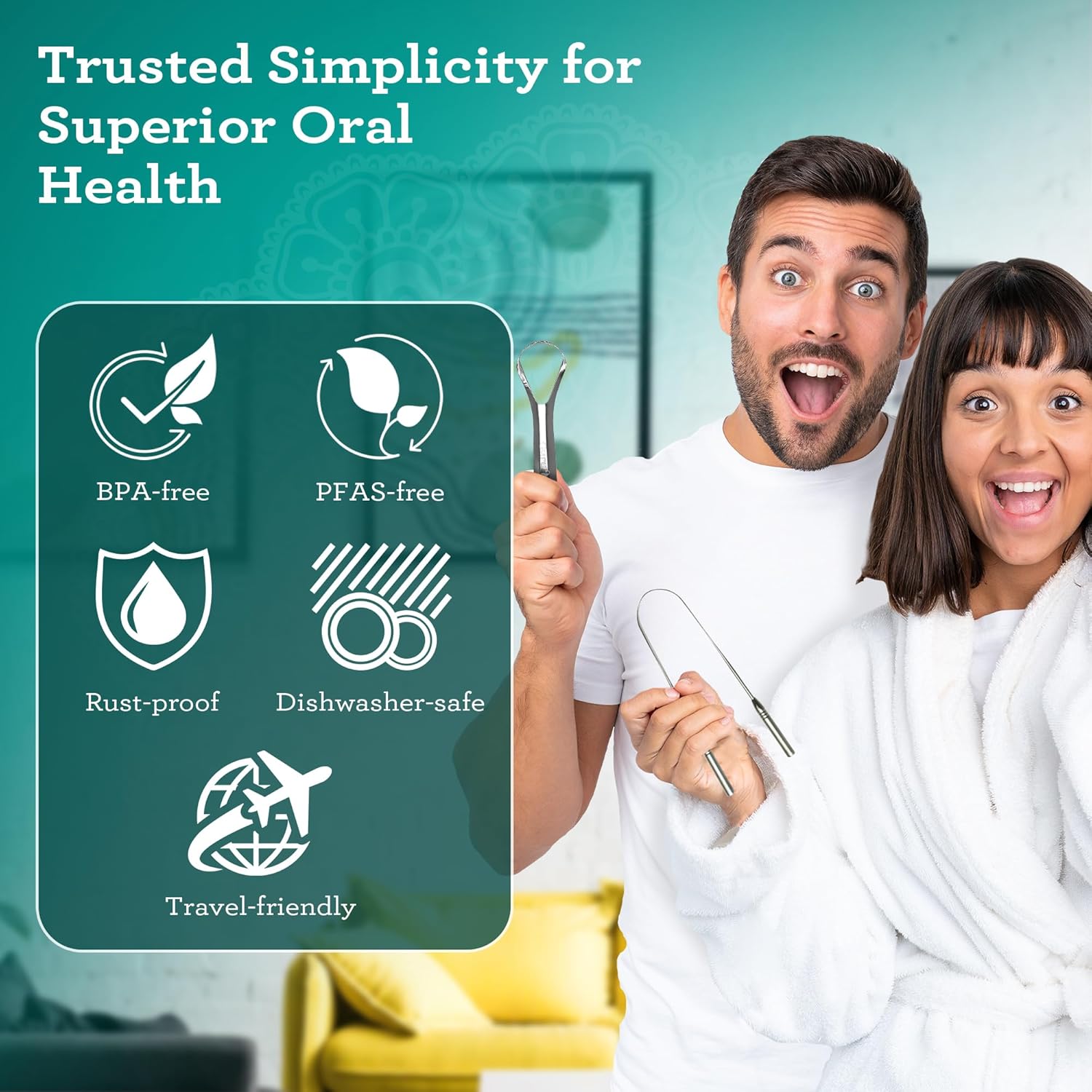 GuruNanda spoon and U-shaped tongue scraper variety pack with travel case, showing two stainless steel oral hygiene tools.