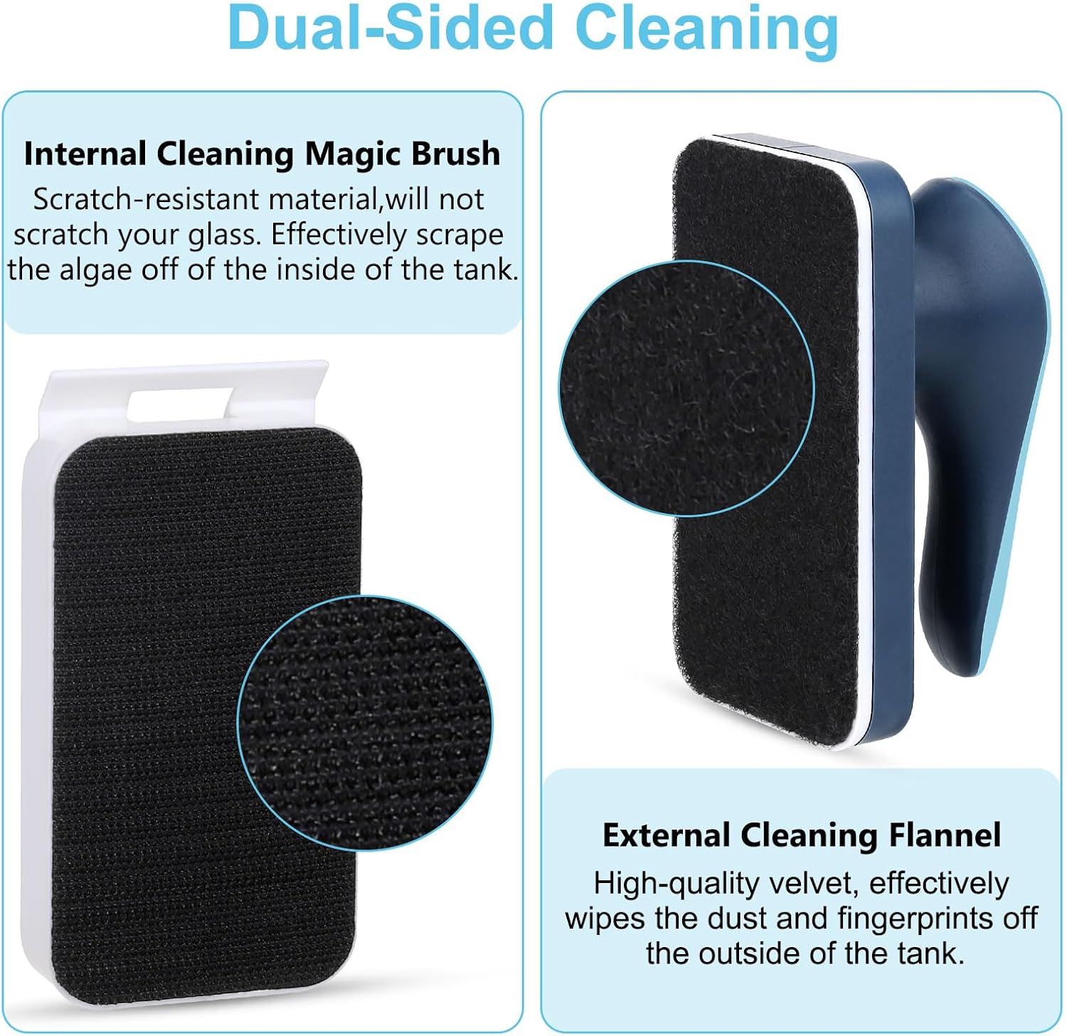 Fishkeeper aquarium magnetic glass cleaner with algae removal for fish tanks, showing the dual-sided scrubber in use on tank glass.