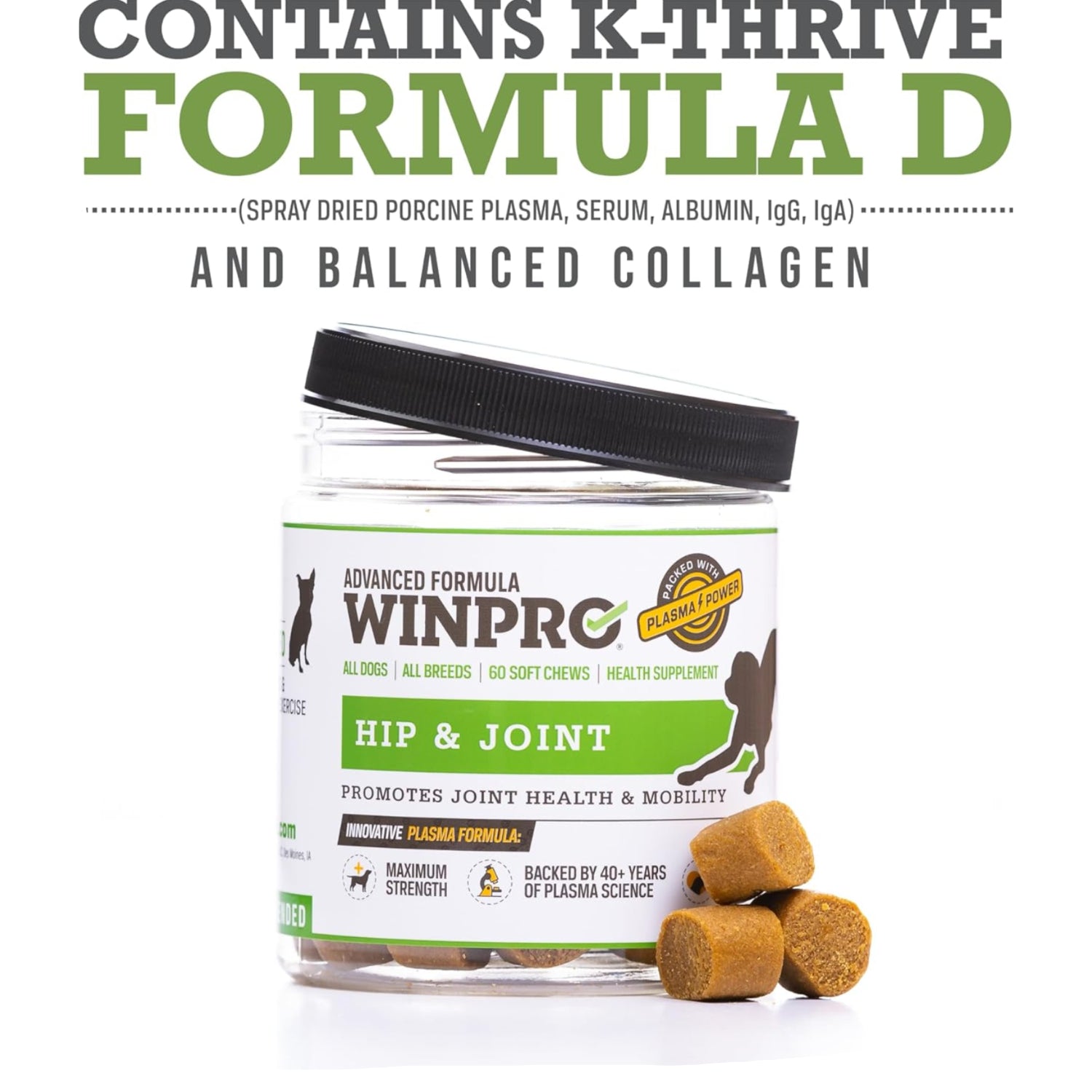 WINPRO Hip and Joint Supplement for Dogs in plasma-powered soft chews, showing the soft chew treats in a pet-friendly package.