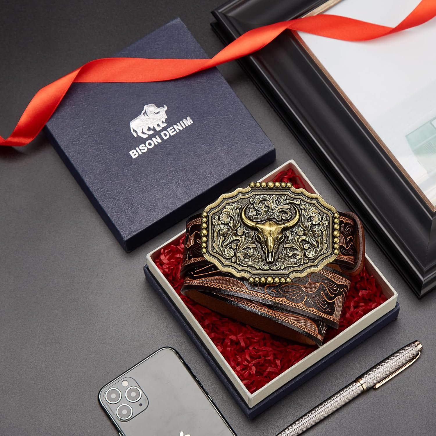 BISON DENIM men's western cowboy belt with large engraved printed buckle and denim strap, stylish Western accessory