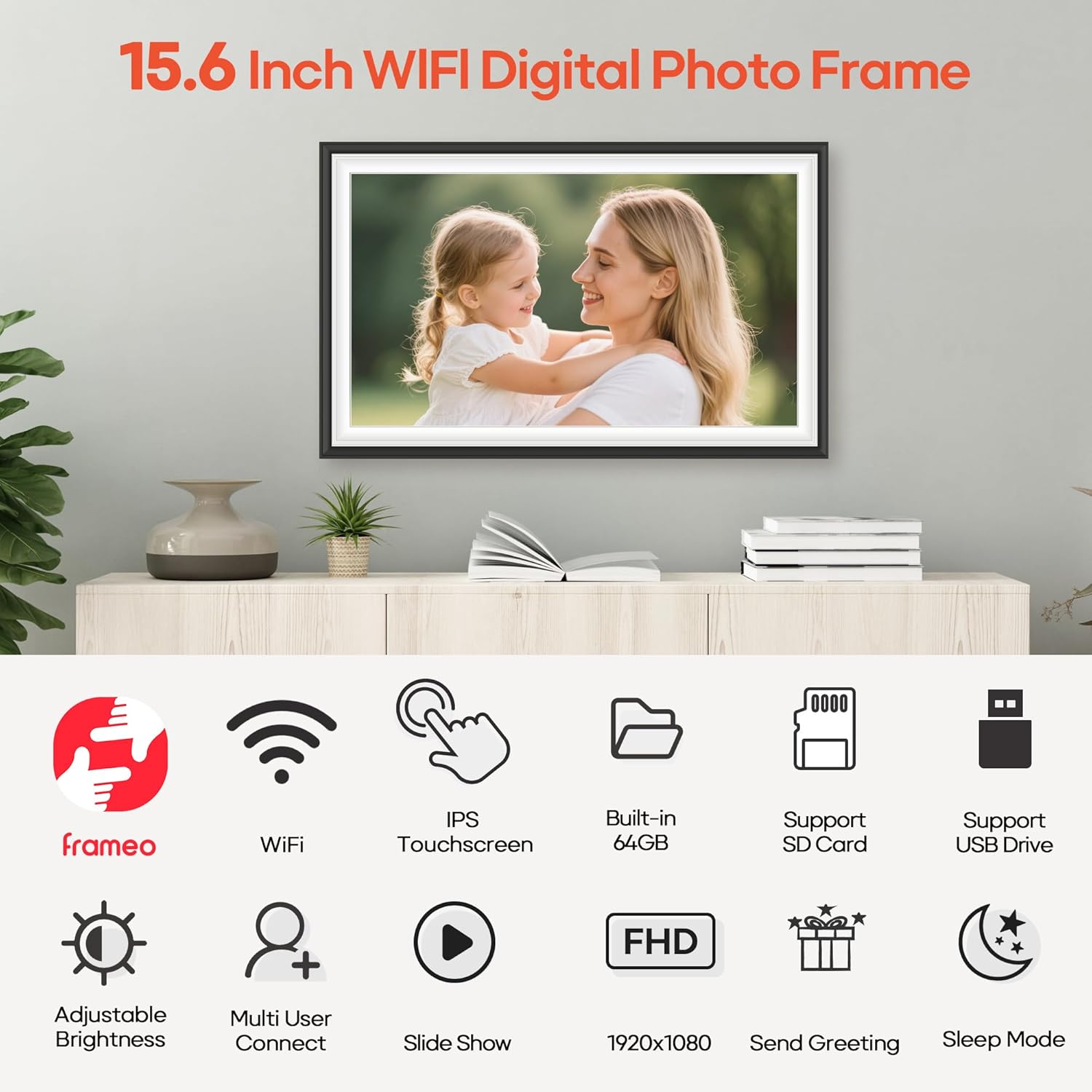 BIGASUO 15.6-inch WiFi digital picture frame displaying photos, with a sleek black border and touchscreen control.