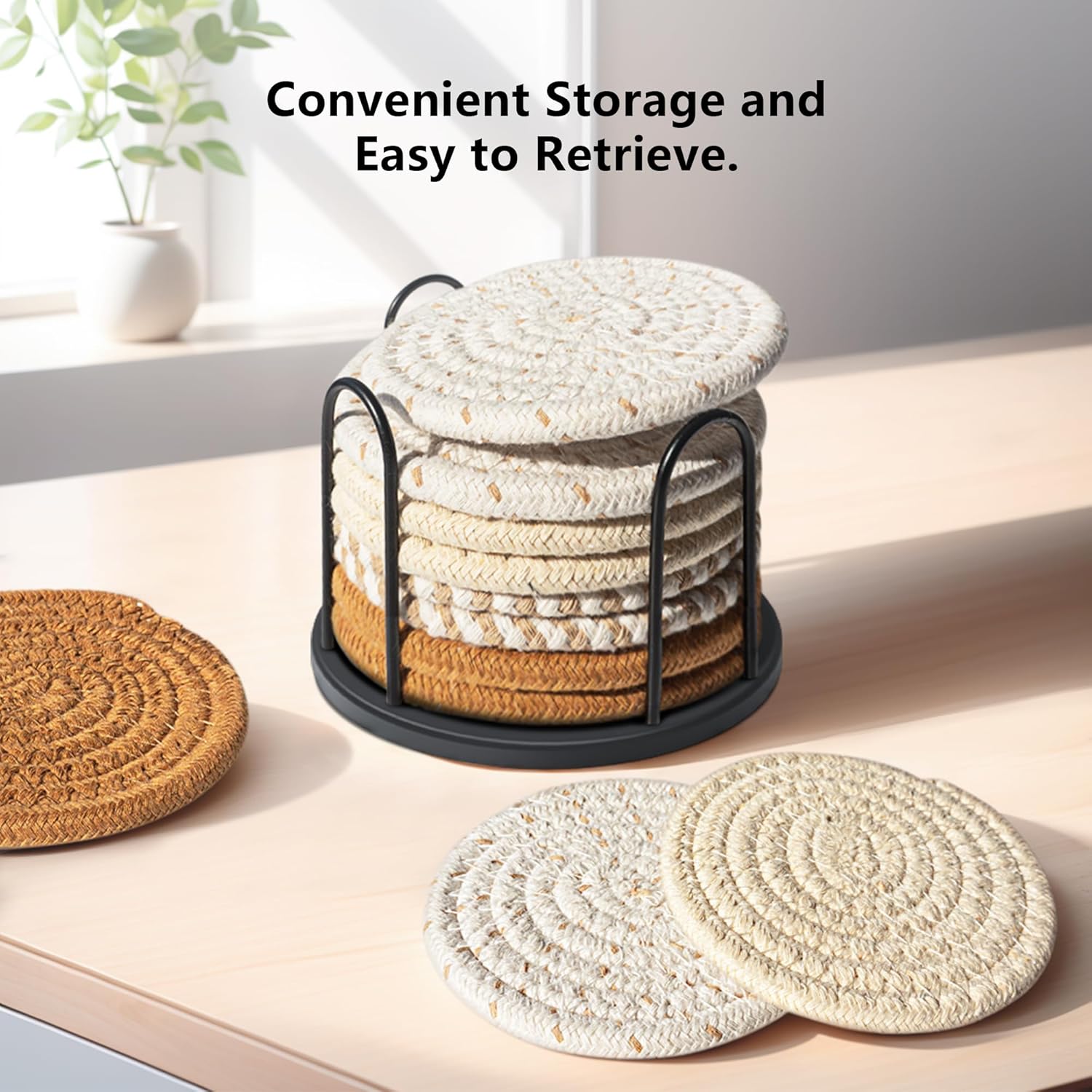 Set of 8 Lazebox cotton woven drink coasters in four colors, absorbent and ideal for beer, coffee, and beverages.