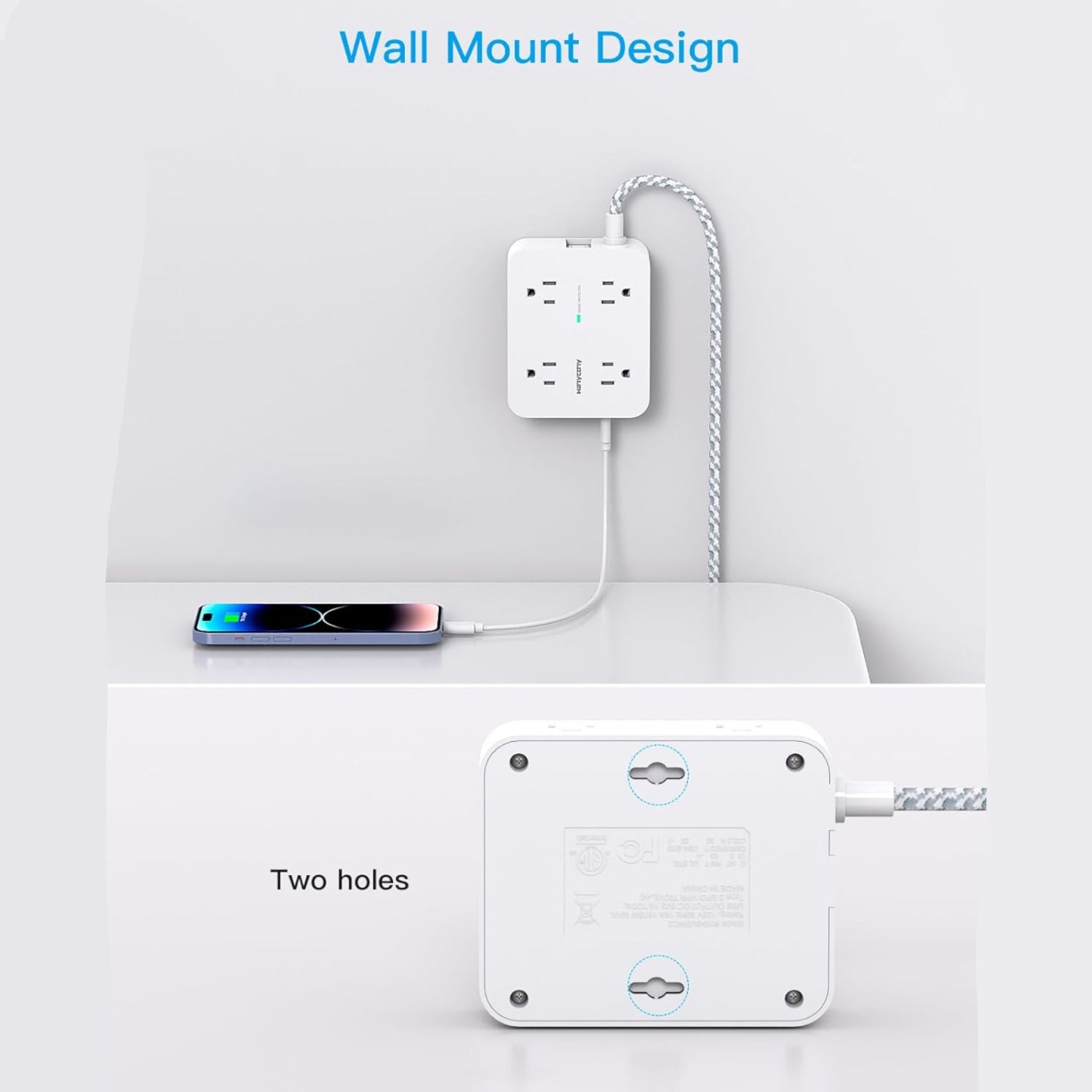 HANYCONY surge protector power strip with 8 outlets and 4 USB charging ports, including 2 USB-C ports, on a sleek black design.