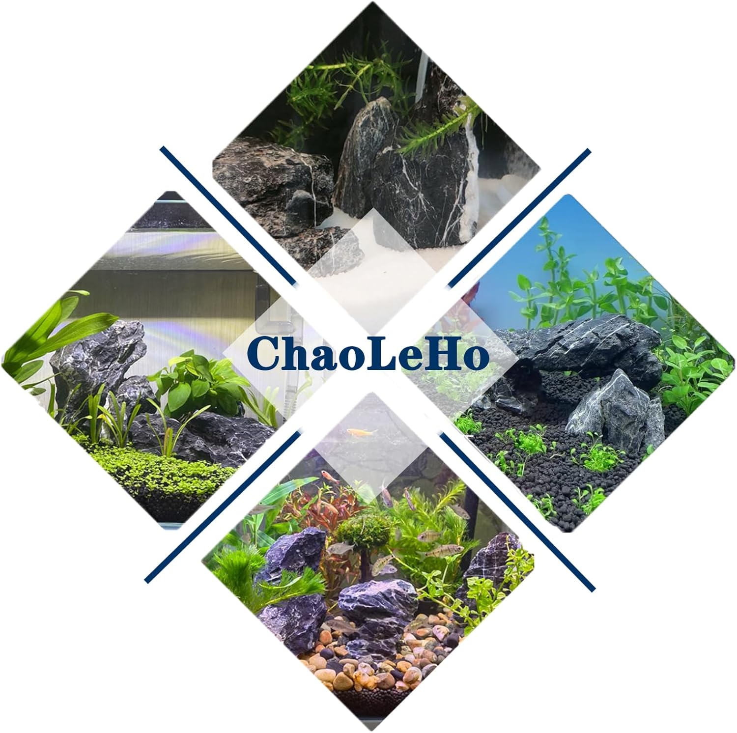 ChaoLeHo Natural Seiryu Rocks for aquariums, decorative stones for aquascaping, showcasing textured blue-gray stones in a clear container.