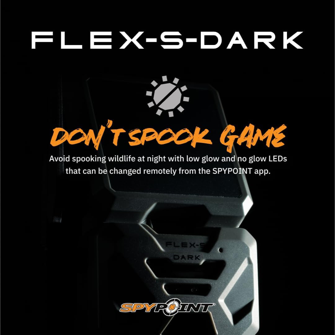 SPYPOINT Flex-S-Dark solar cellular trail camera with SD card, showing the camera and solar panel in outdoor setting