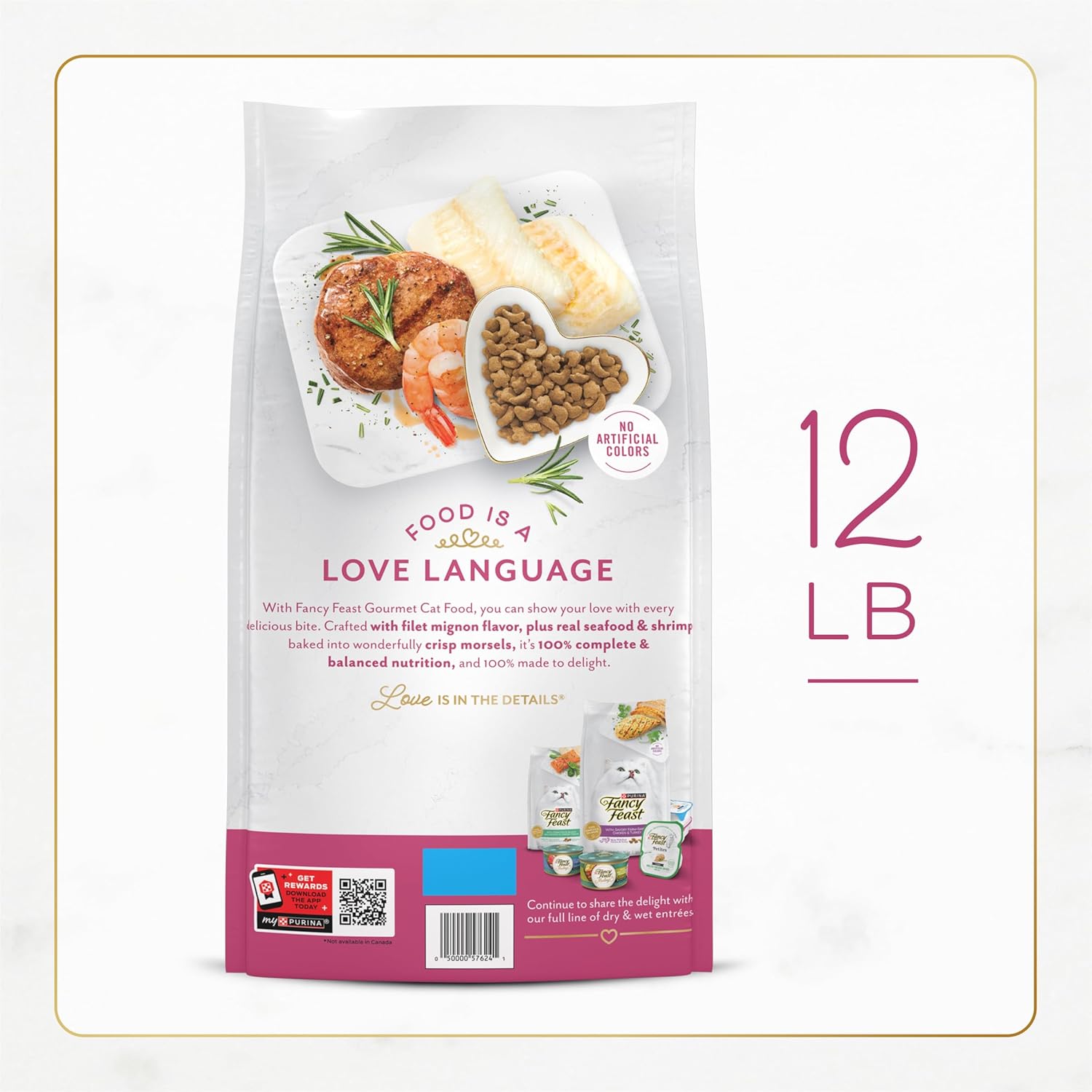 Fancy Feast Purina dry cat food bag with Filet Mignon flavor, seafood and shrimp, 12 lb. bag, showing the product packaging.